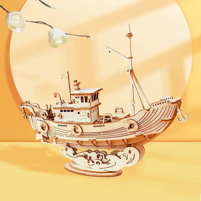3D Laser Cut Wooden Puzzle: Fishing Ship