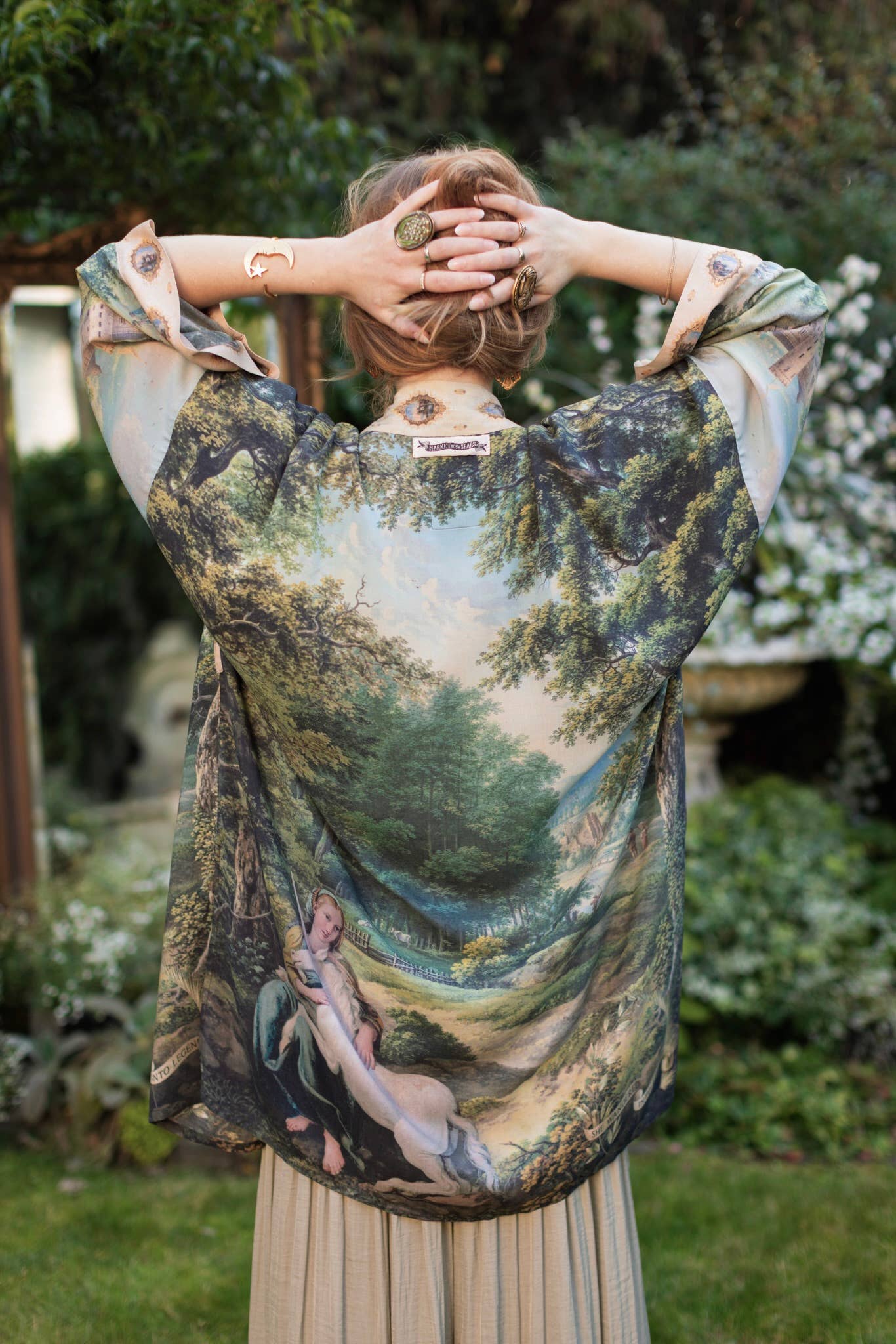 The Mythmaker Matinée Duster Kimono w/ landscape & unicorn - Out of the Blue