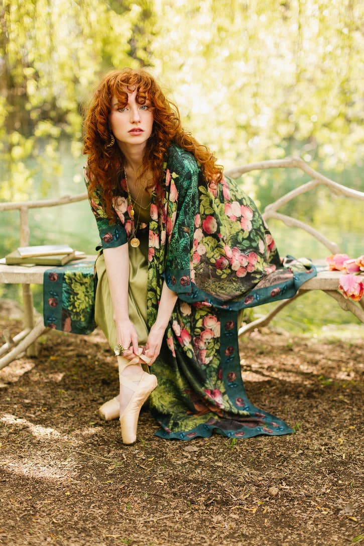 The Daydreamer Goddess Duster Kimono w/ Florals & Rabbits - Out of the Blue