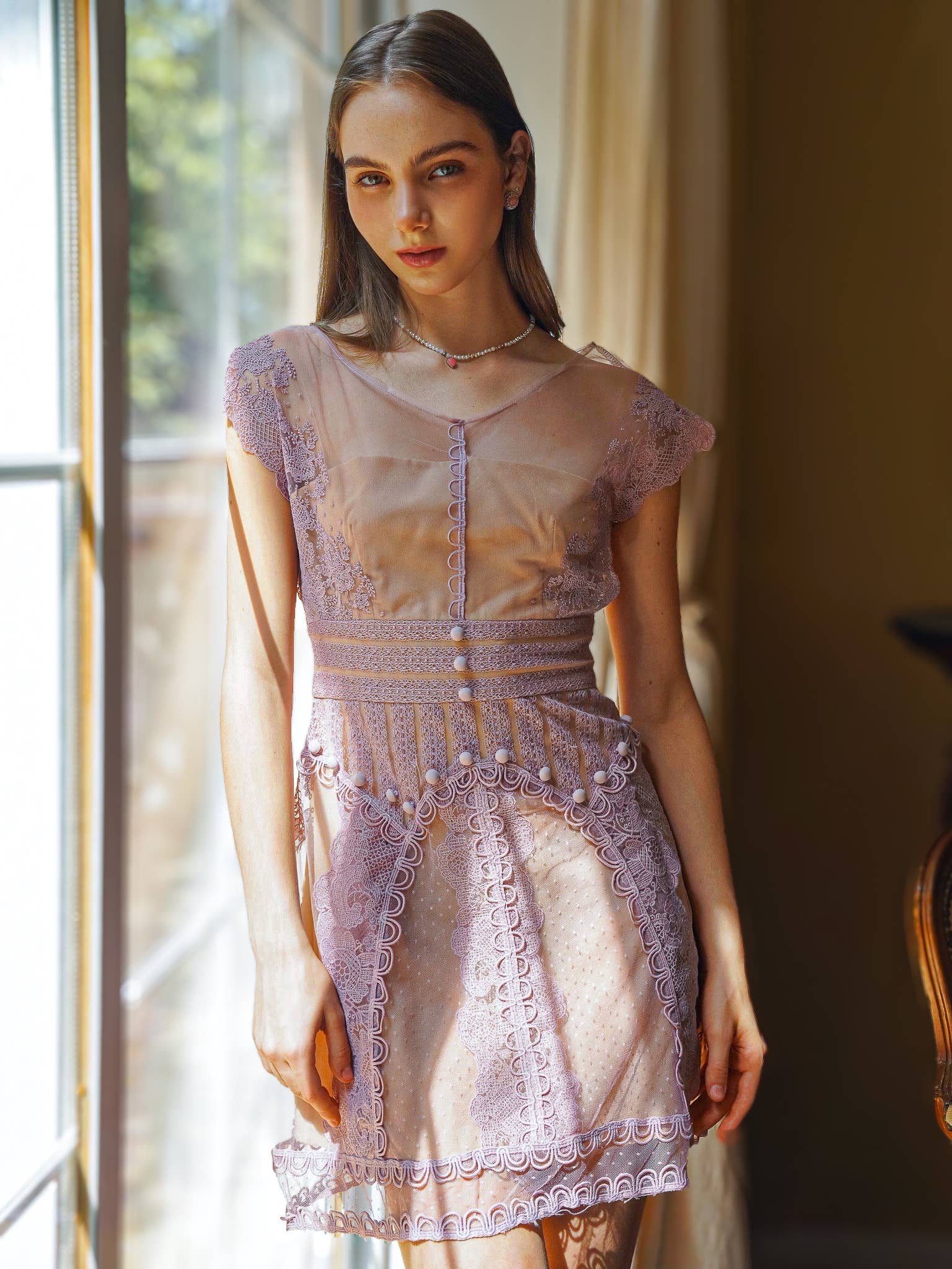 Lavender Lace Illusion Dress with Piping Detail