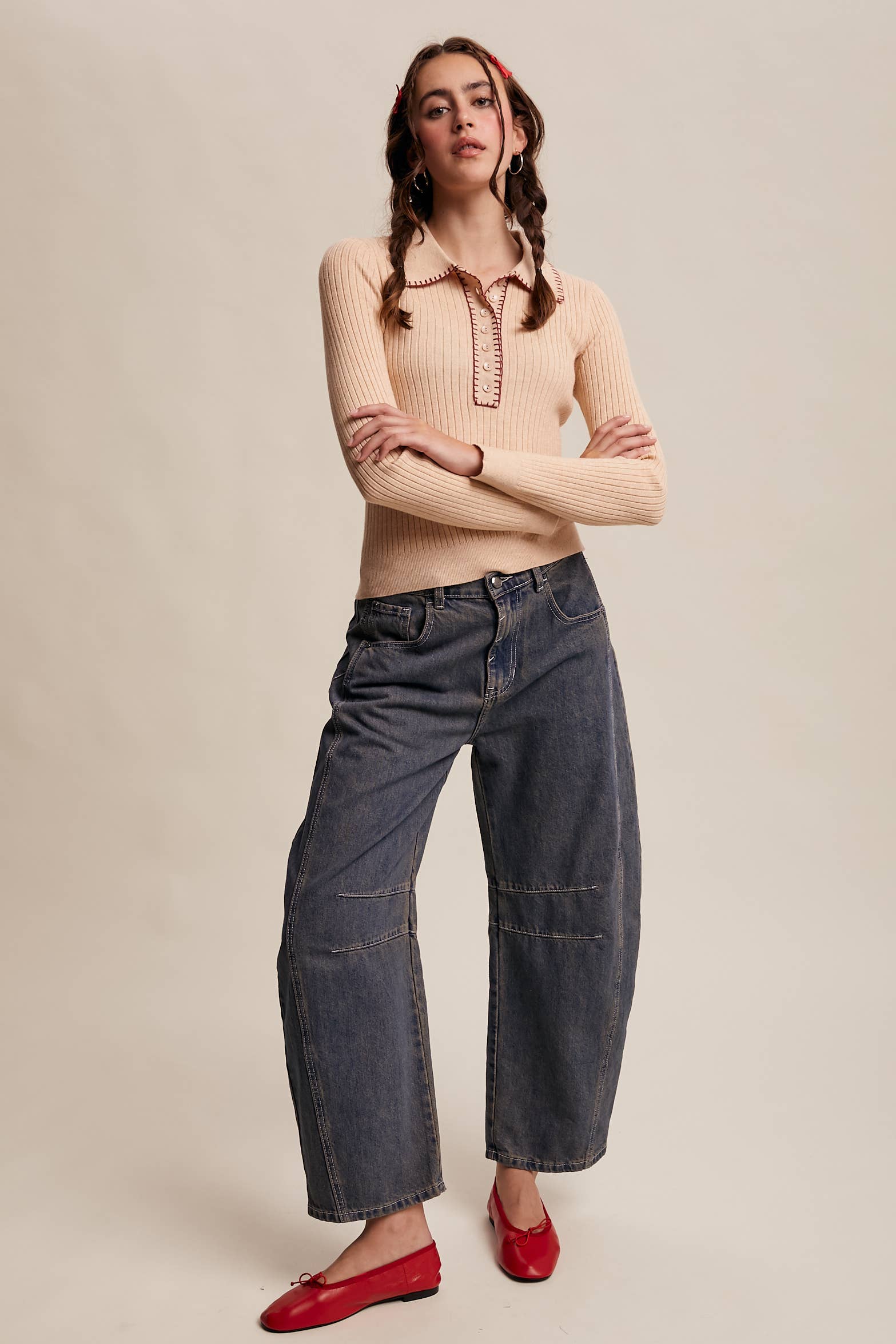 Contrast Stitch Ribbed Knit Top - Out of the Blue