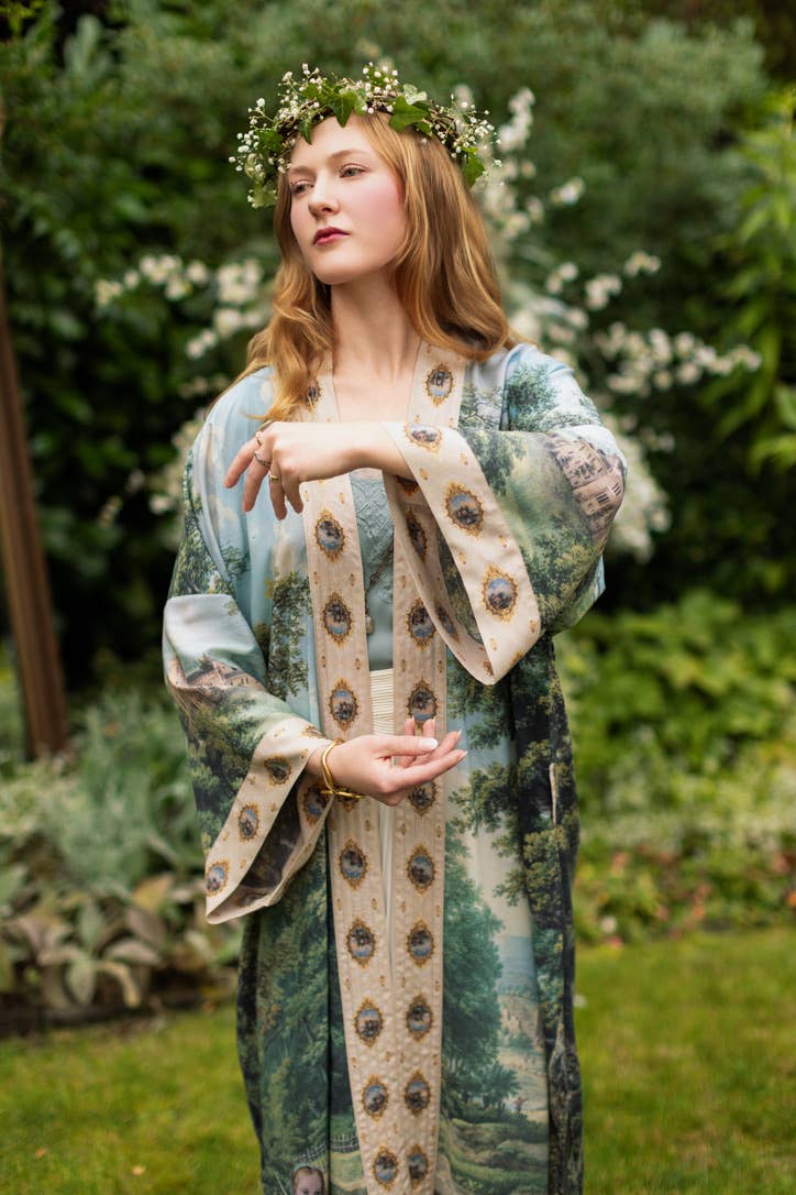The Mythmaker Opera Duster Kimono Robe w Landscape & Unicorn - Out of the Blue