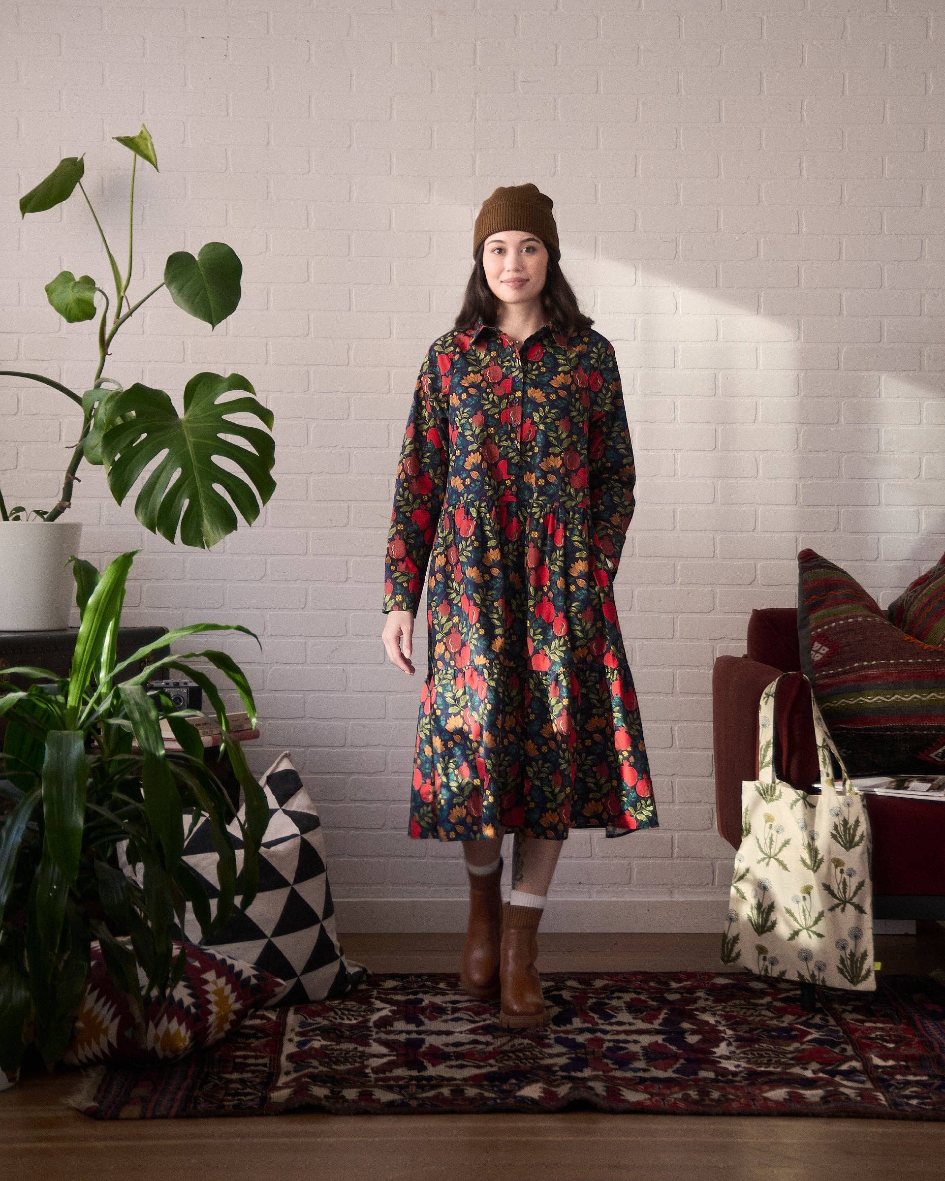 Pomegranates Printed Flared Pocket Shirt Dress - Out of the Blue