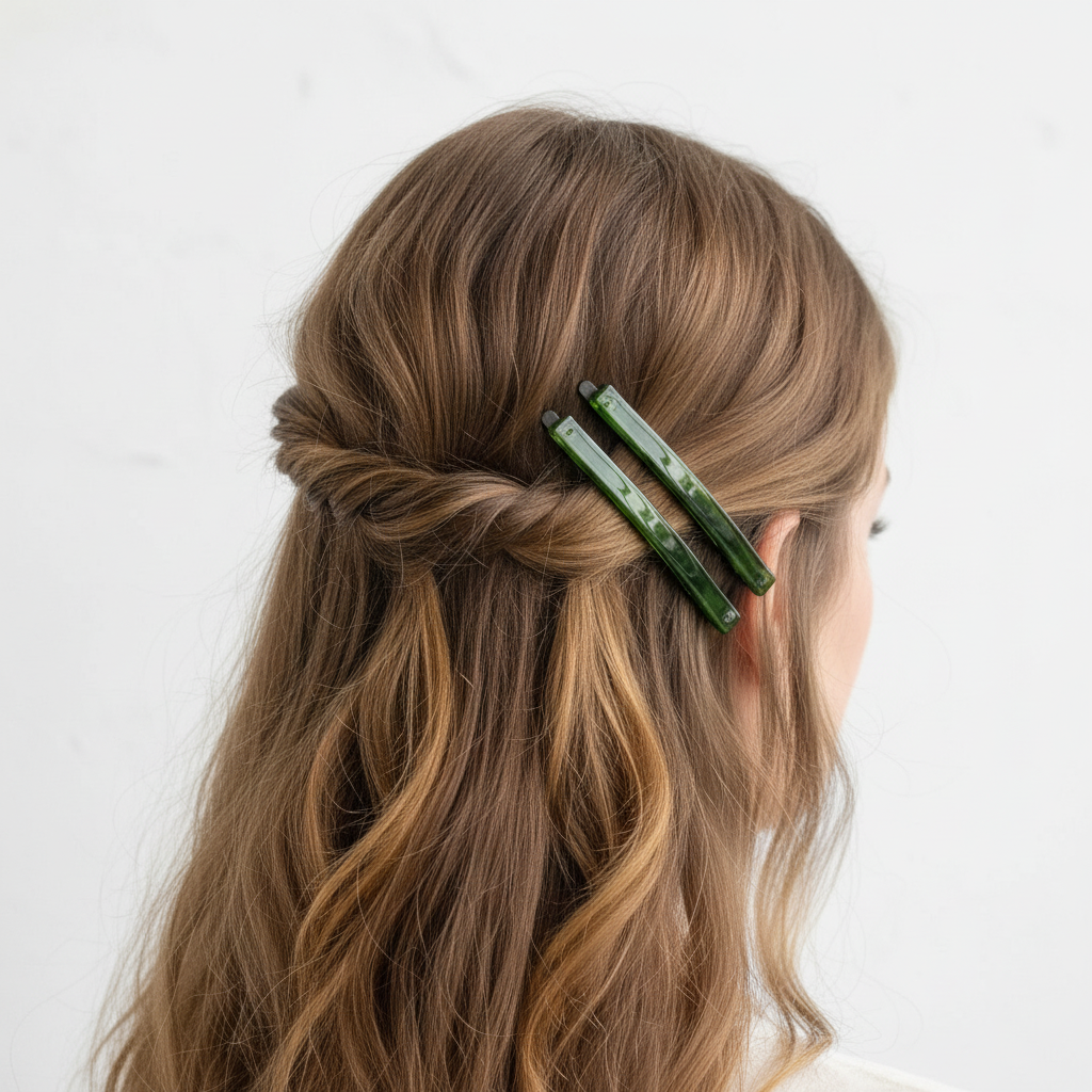 Two green hair clips on a white background with a yellow measuring tape for scale.