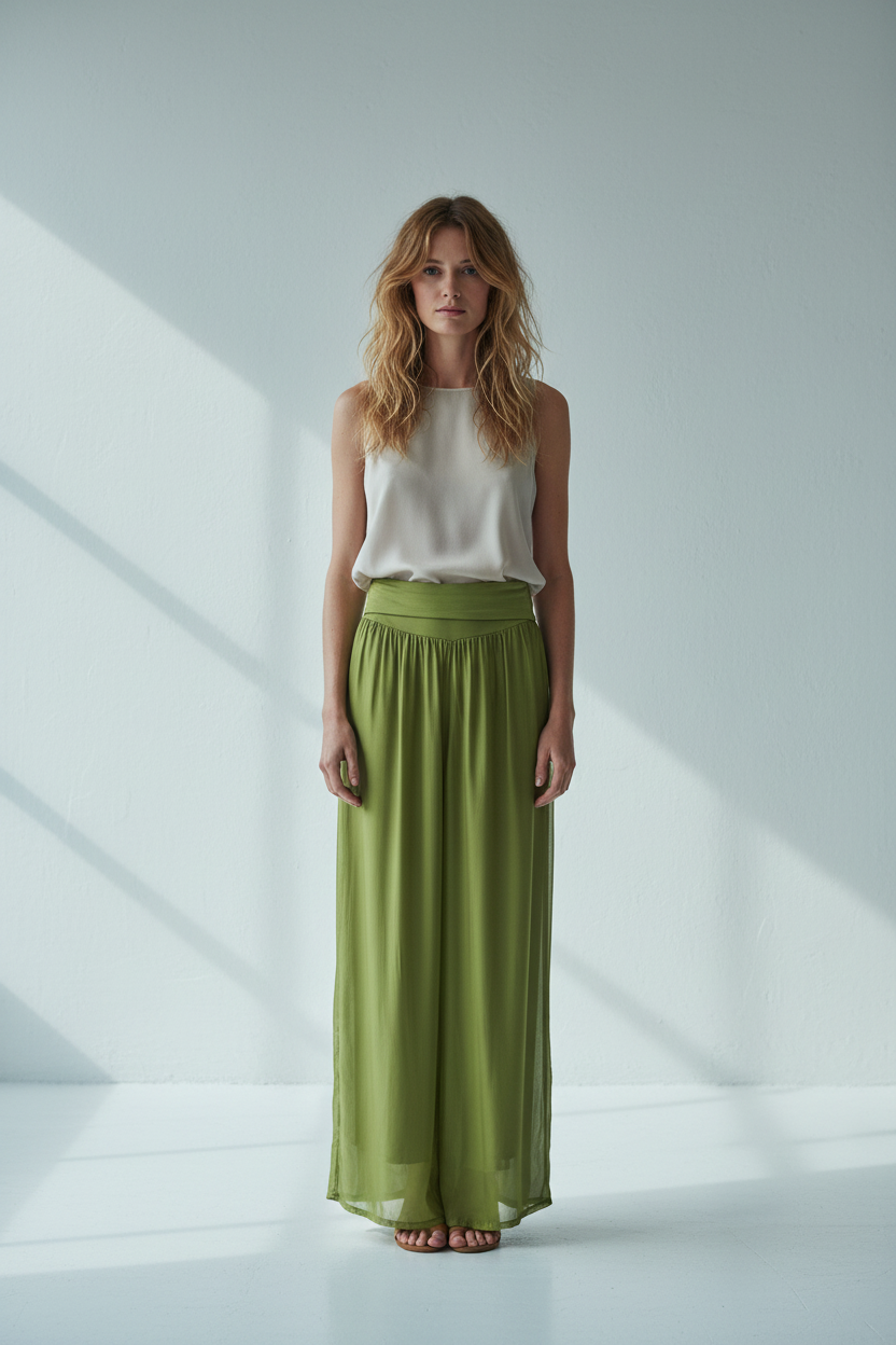 High-waisted fluid pants with wide legs for 20643
