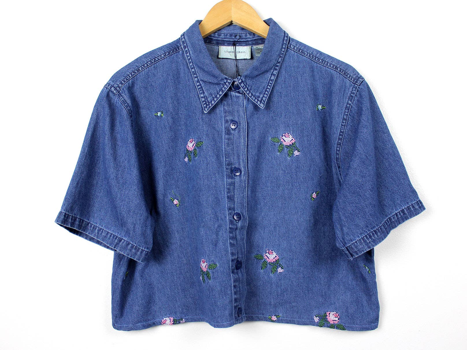Reworked Vintage Denim Button-Up Shirt - Cropped - Out of the Blue