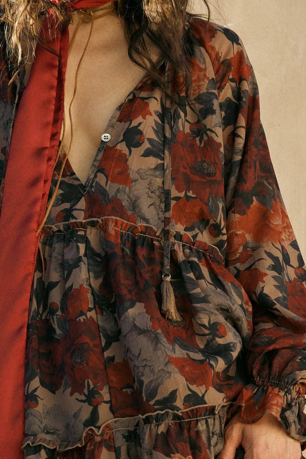 Floral-Print Tiered Ruffle Long-Sleeve Midi Dress - Out of the Blue