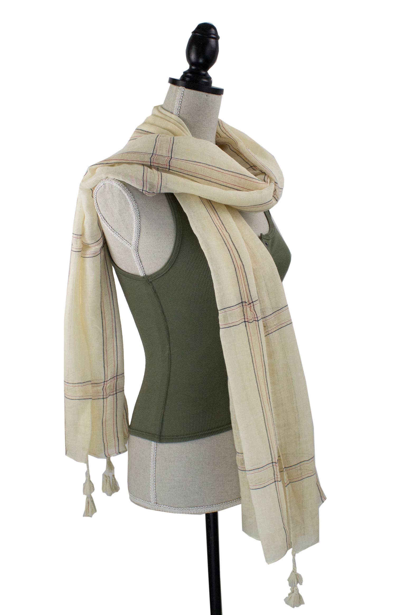 Plaid Garment Dye Cotton Wrap Scarf with Tassel - Out of the Blue