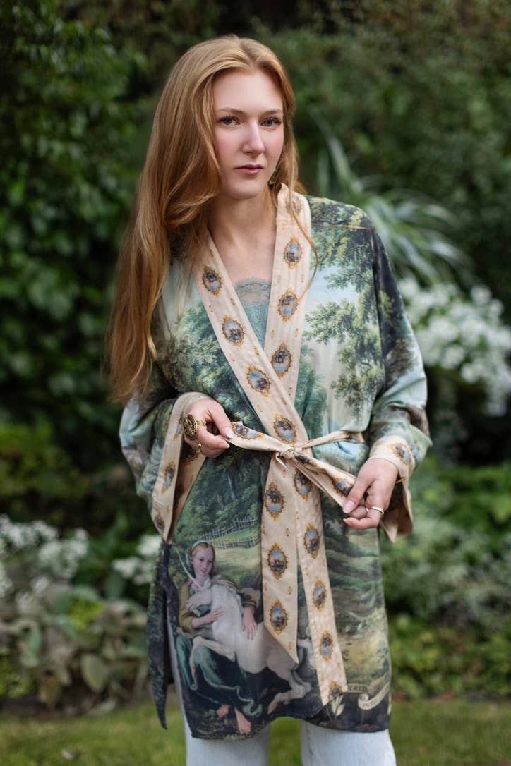 The Mythmaker Matinée Duster Kimono w/ landscape & unicorn - Out of the Blue