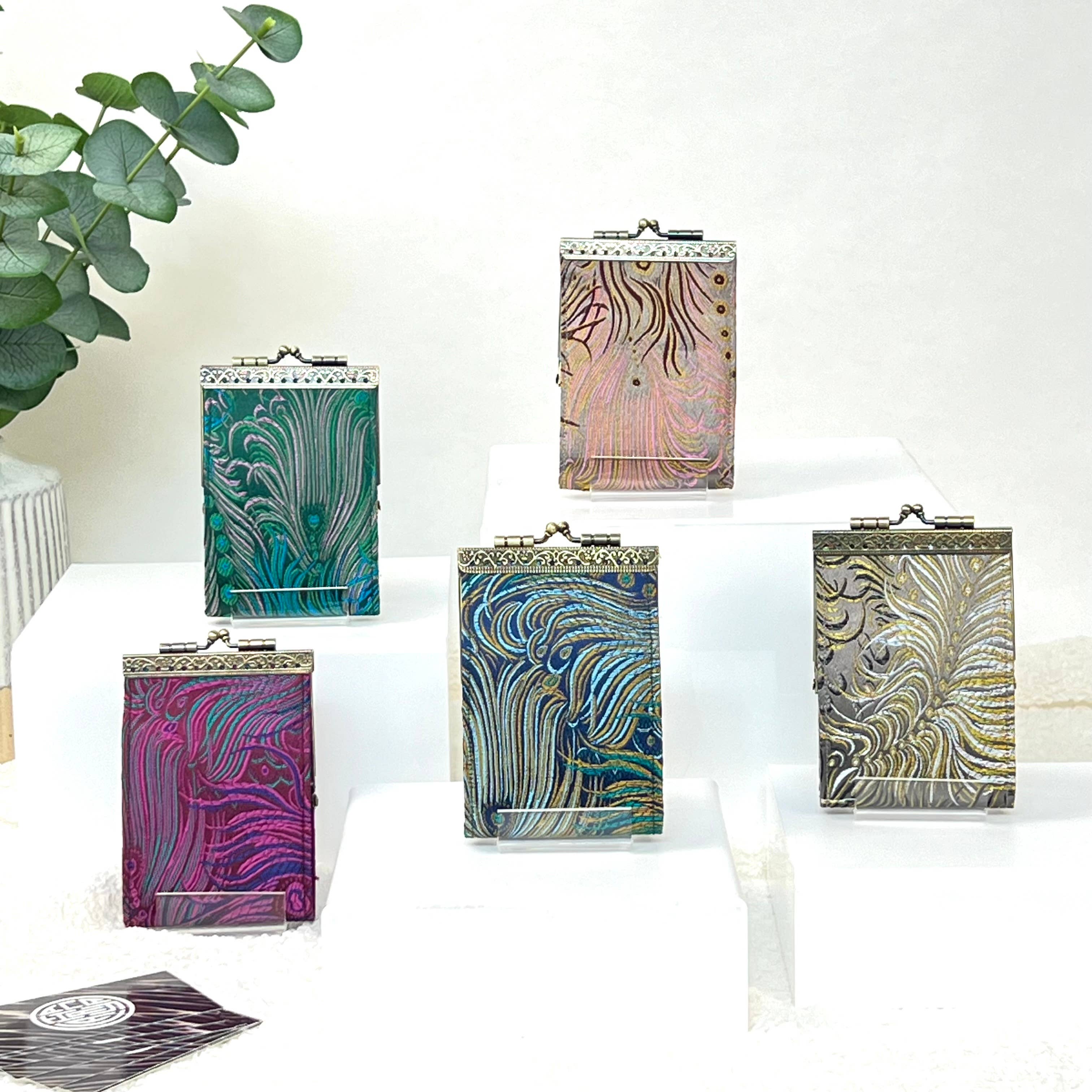 Brocade Peacock Card Holder w/ RFID, Card Case, Card Wallet: Gray & Pink - Out of the Blue