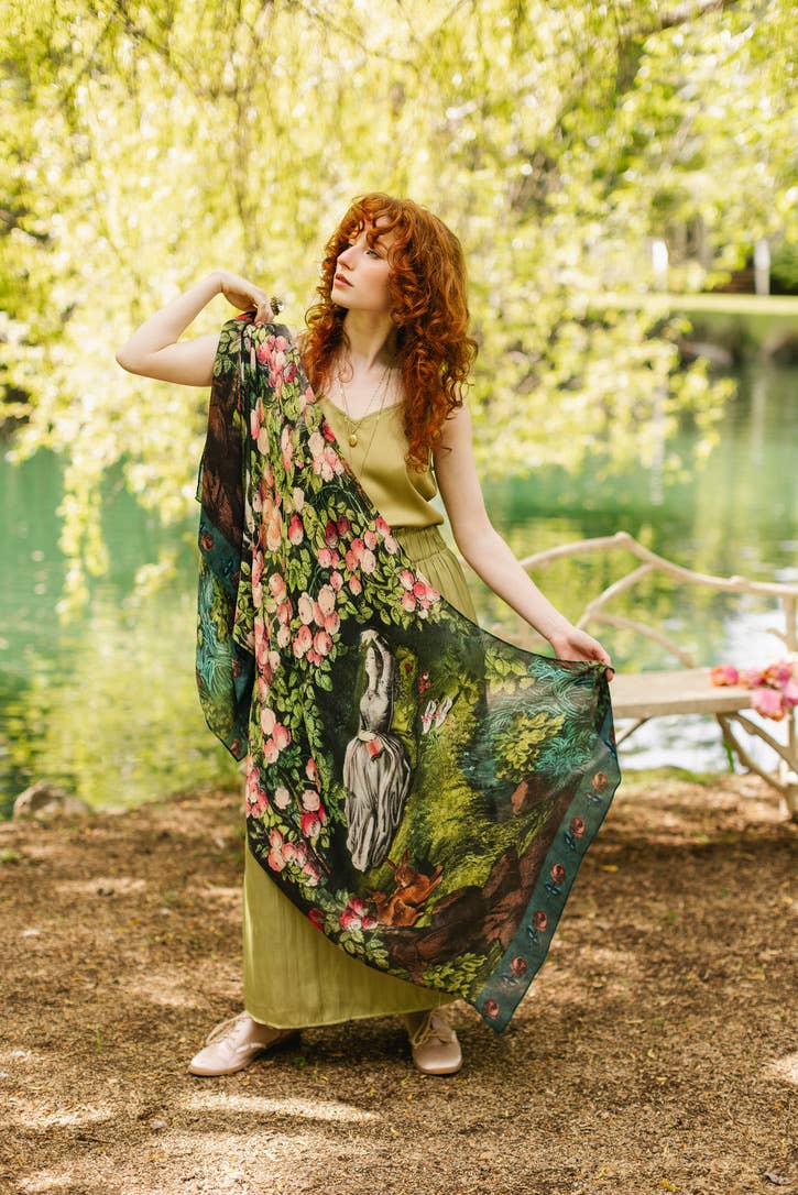 The Daydreamer Scarf w/ Sleeping Beauty, Florals & Rabbits - Out of the Blue