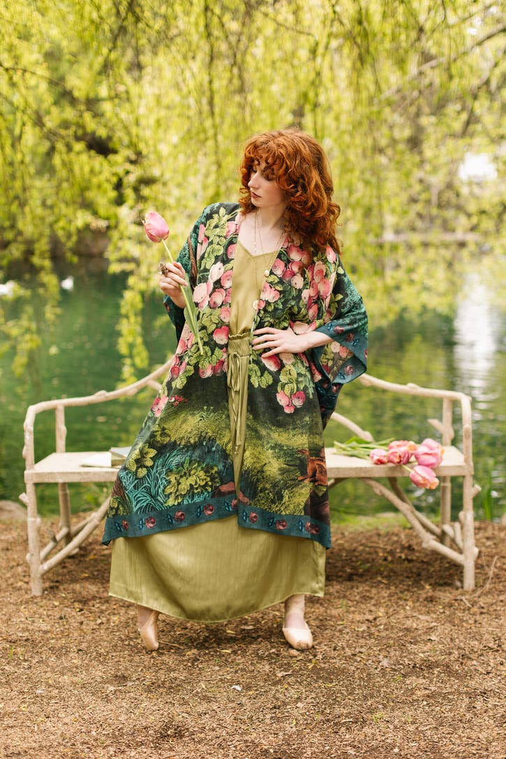 The Daydreamer Goddess Duster Kimono w/ Florals & Rabbits - Out of the Blue
