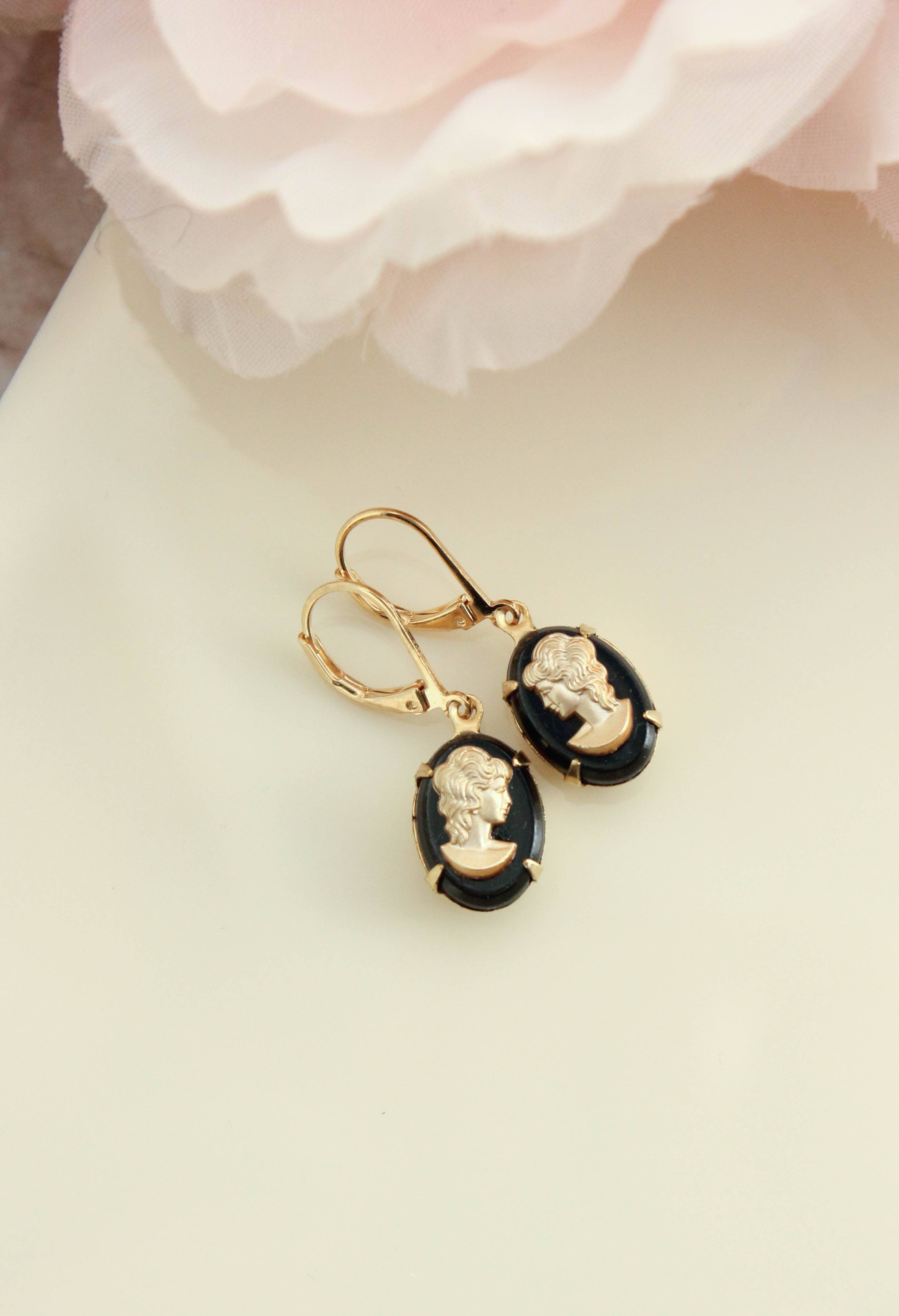 Black and Gold Lady Cameo Earrings - Out of the Blue