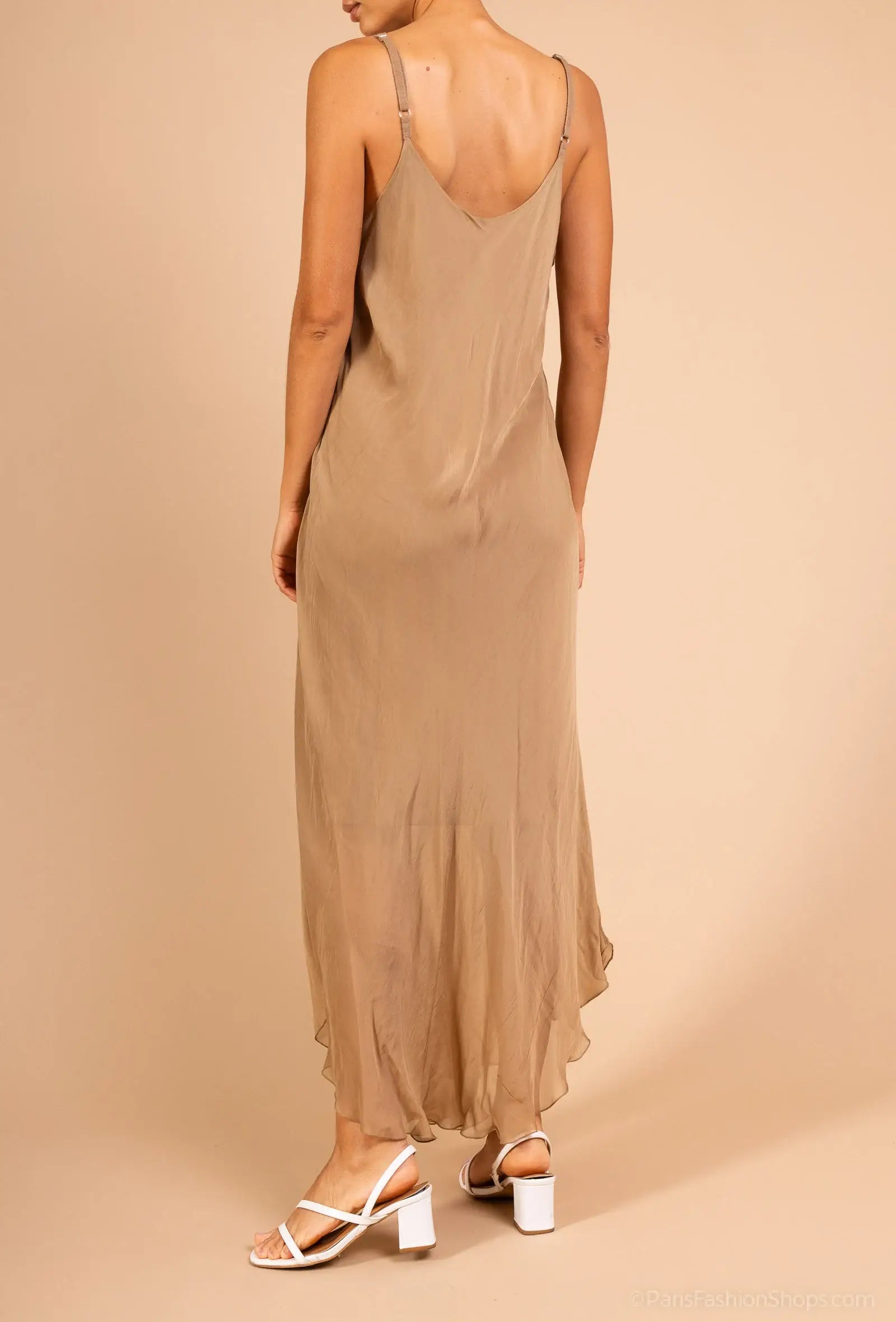 Long fluid silk dress with thin straps and hem 30507 - Out of the Blue