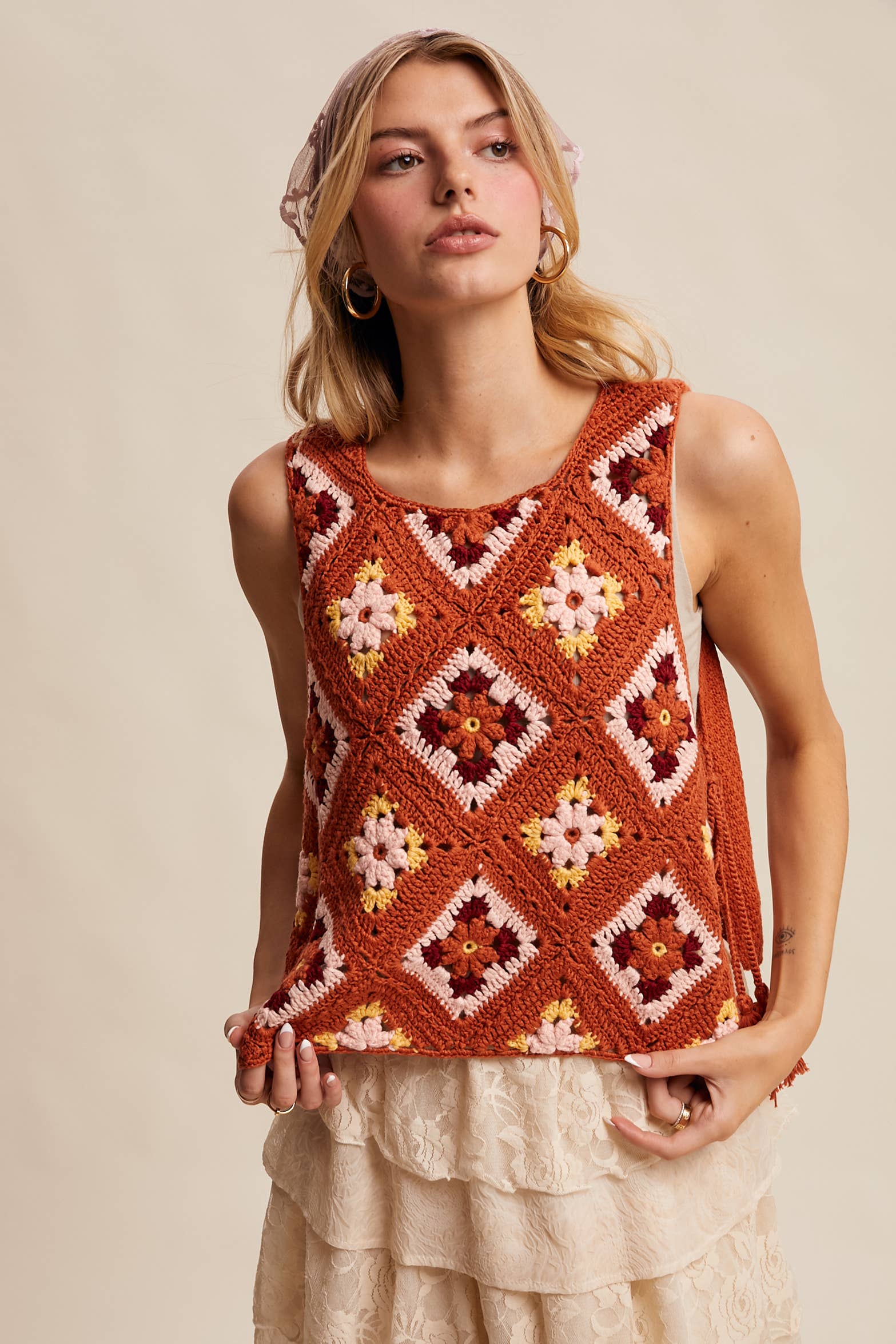 Crochet Granny Square Tassel Tie Vest LSW1006 - Out of the Blue
