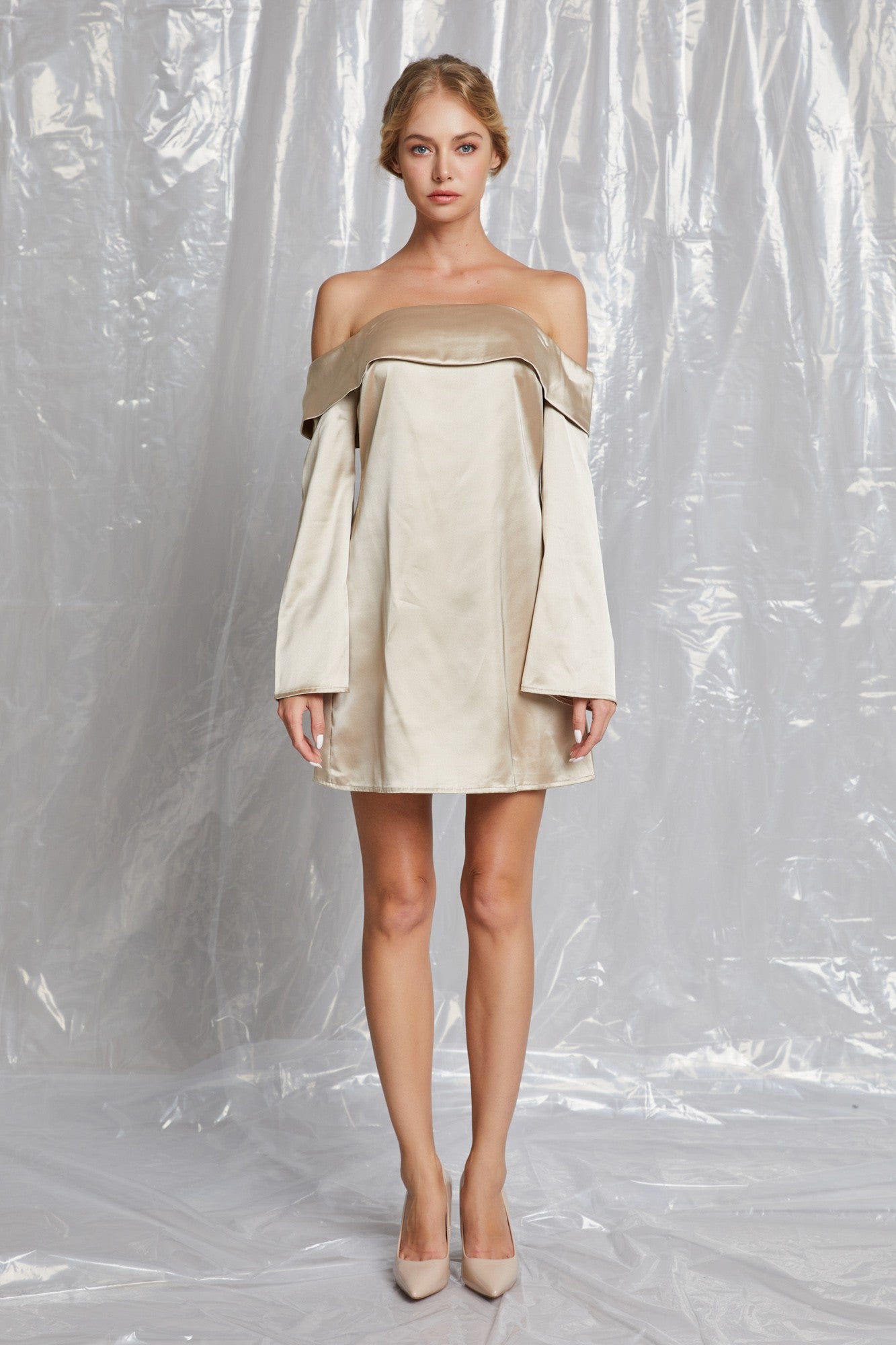 Off Shoulder Satin Dress - Out of the Blue