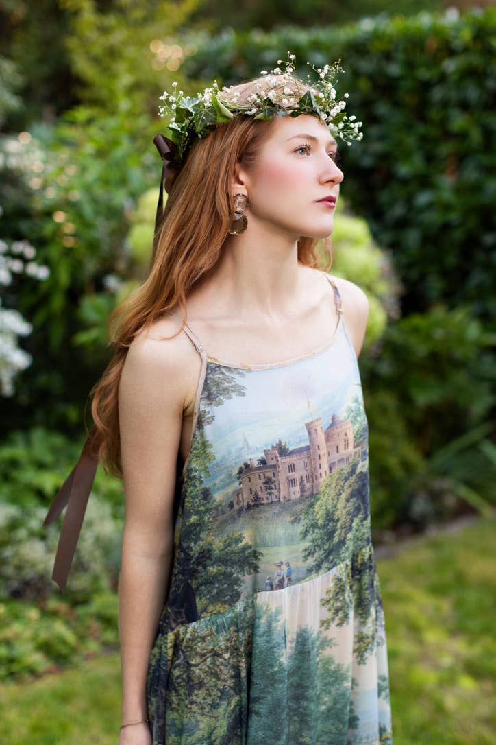 The Mythmaker Bohéme Maxi Slip Dress w/ Landscape & Unicorn - Out of the Blue