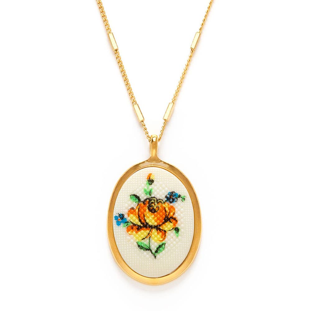 Needlepoint Flower Vintage Cameo Necklace - Out of the Blue