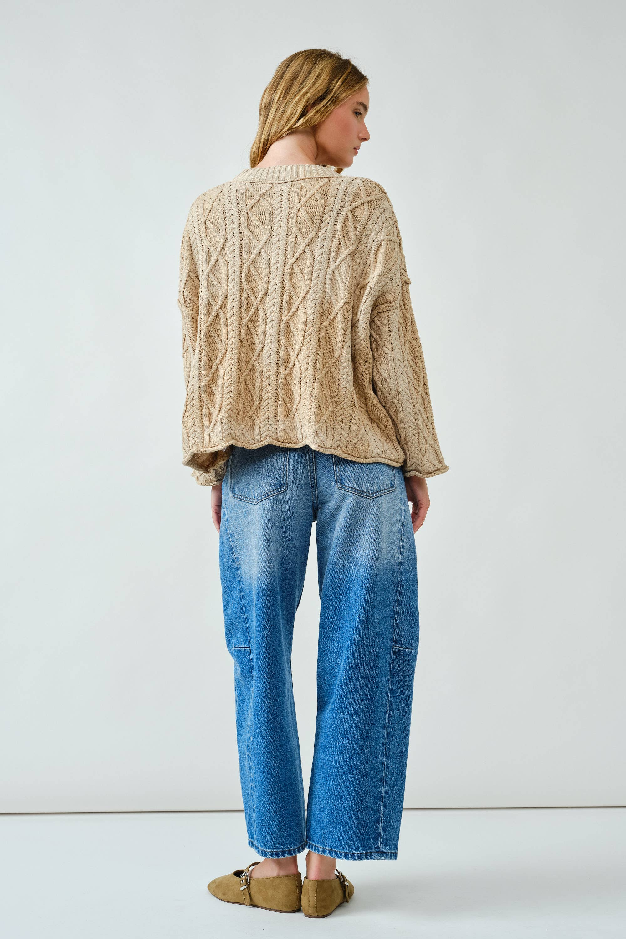 OVERSIZED WASHED CABLE CARDIGAN - Out of the Blue