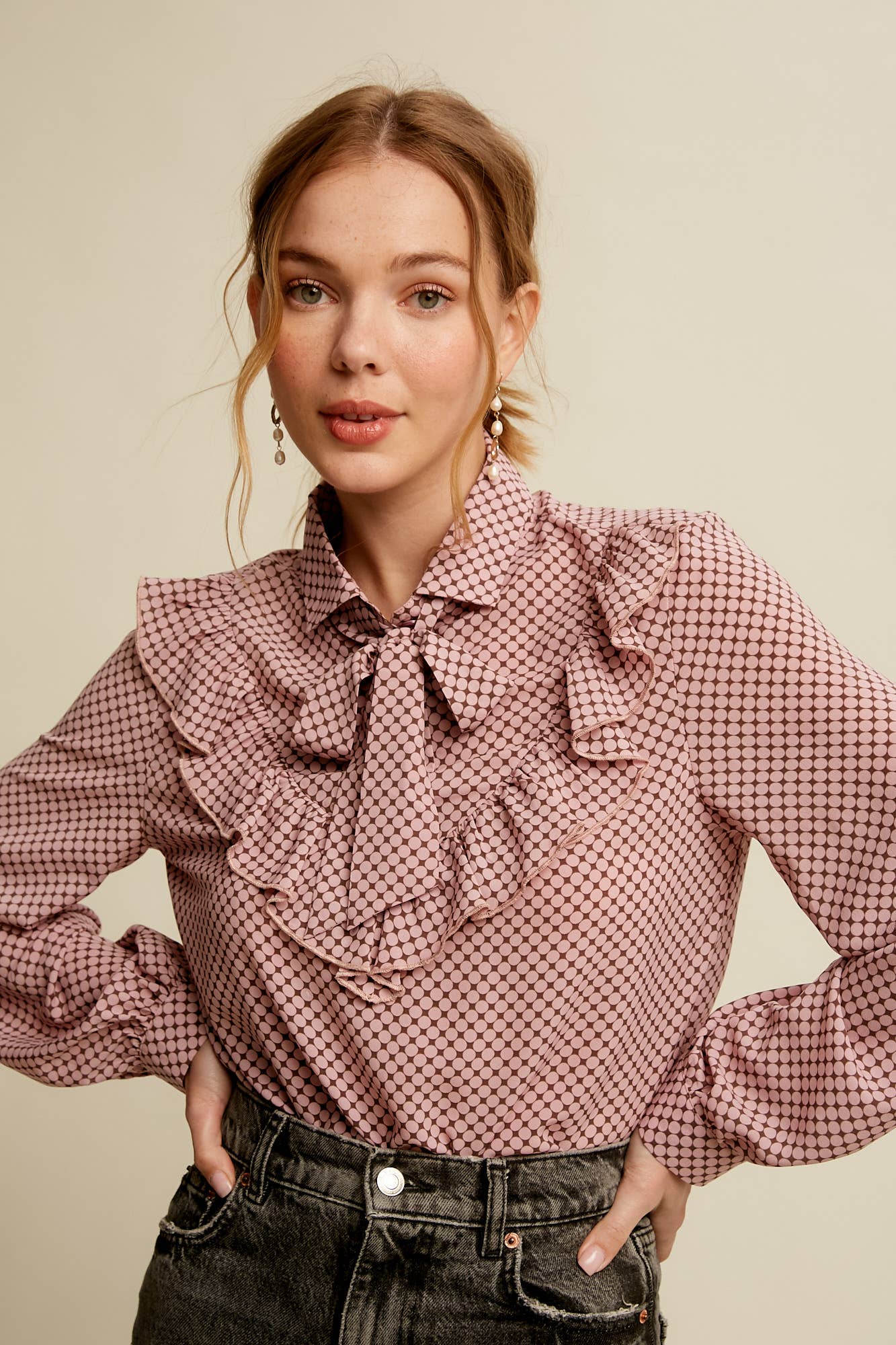Ruffle Tie-Neck Printed Blouse LT1216 - Out of the Blue