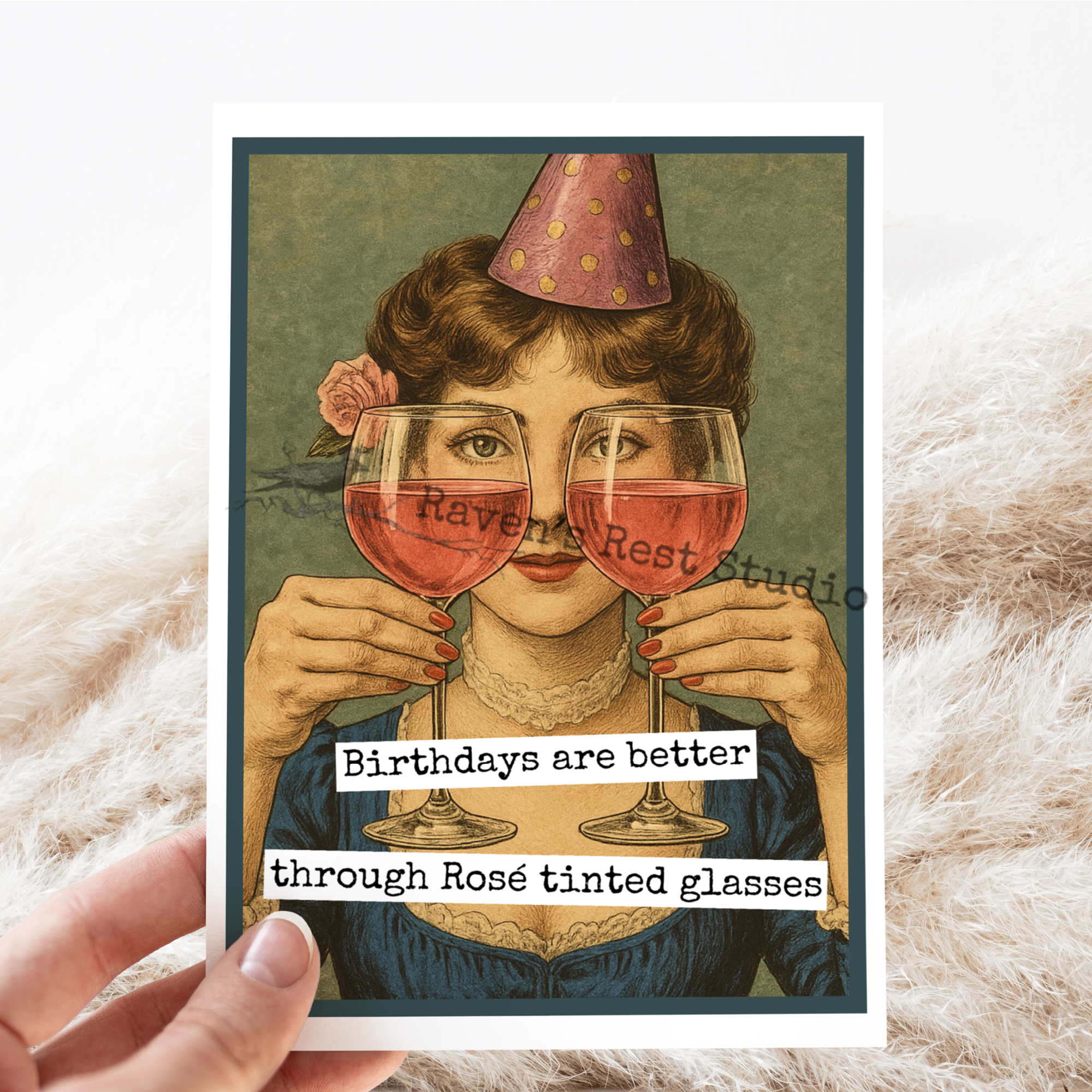 Funny Birthday Card. Through Rose Tinted Glasses. Wine.