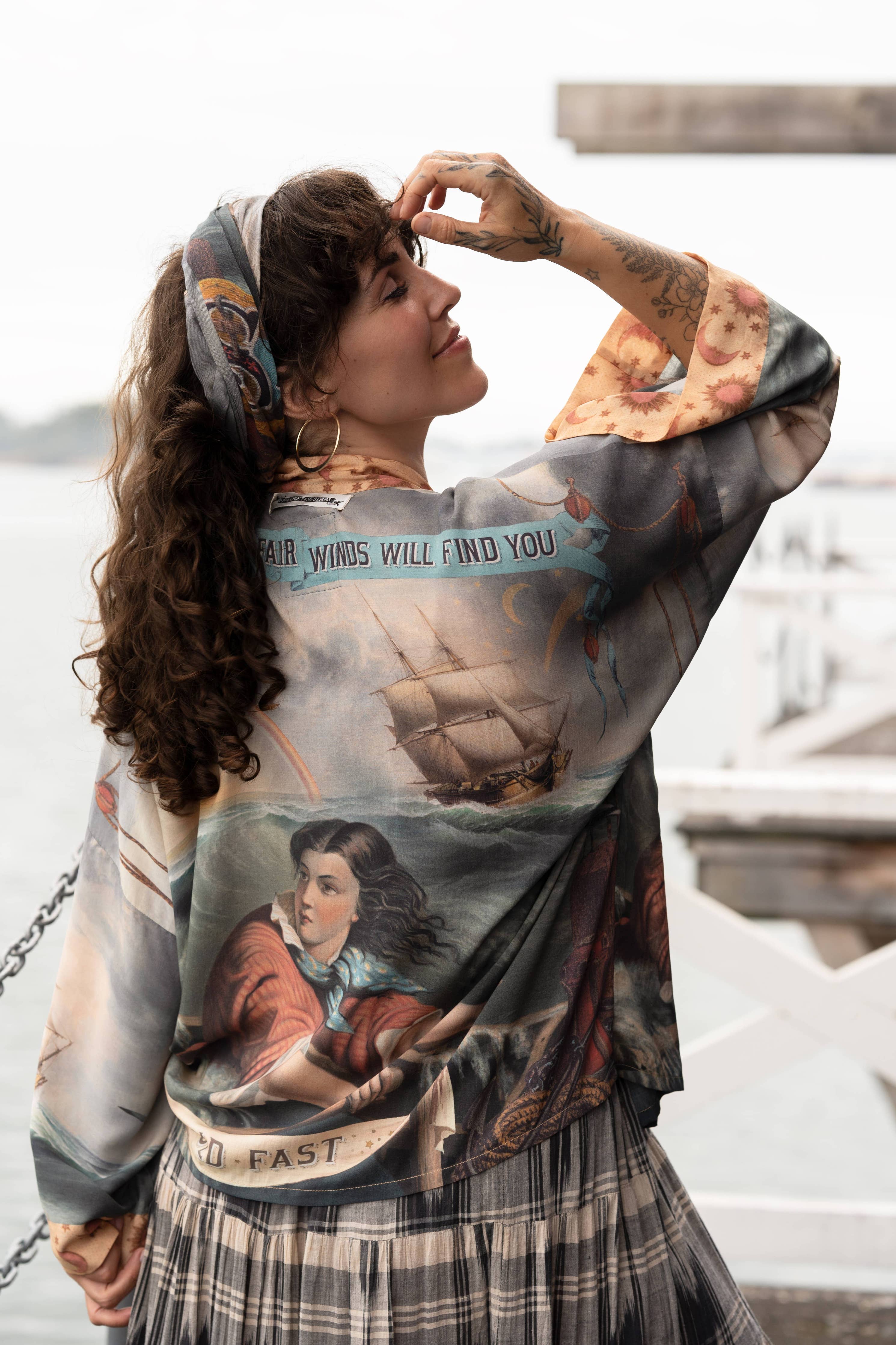 Hold Fast Pixie Duster Cropped Kimono w/ Boat, Rainbow - Out of the Blue