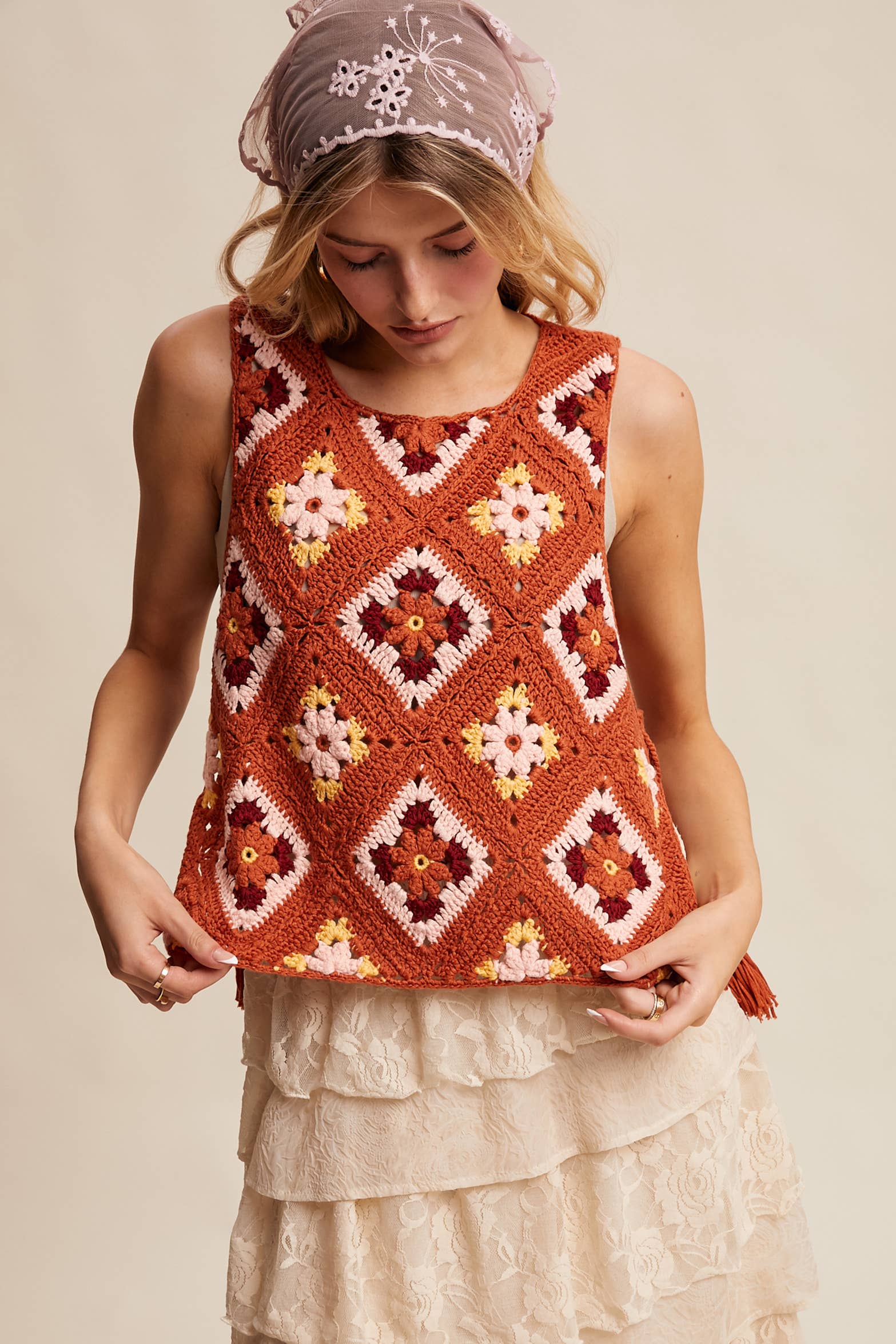Crochet Granny Square Tassel Tie Vest LSW1006 - Out of the Blue
