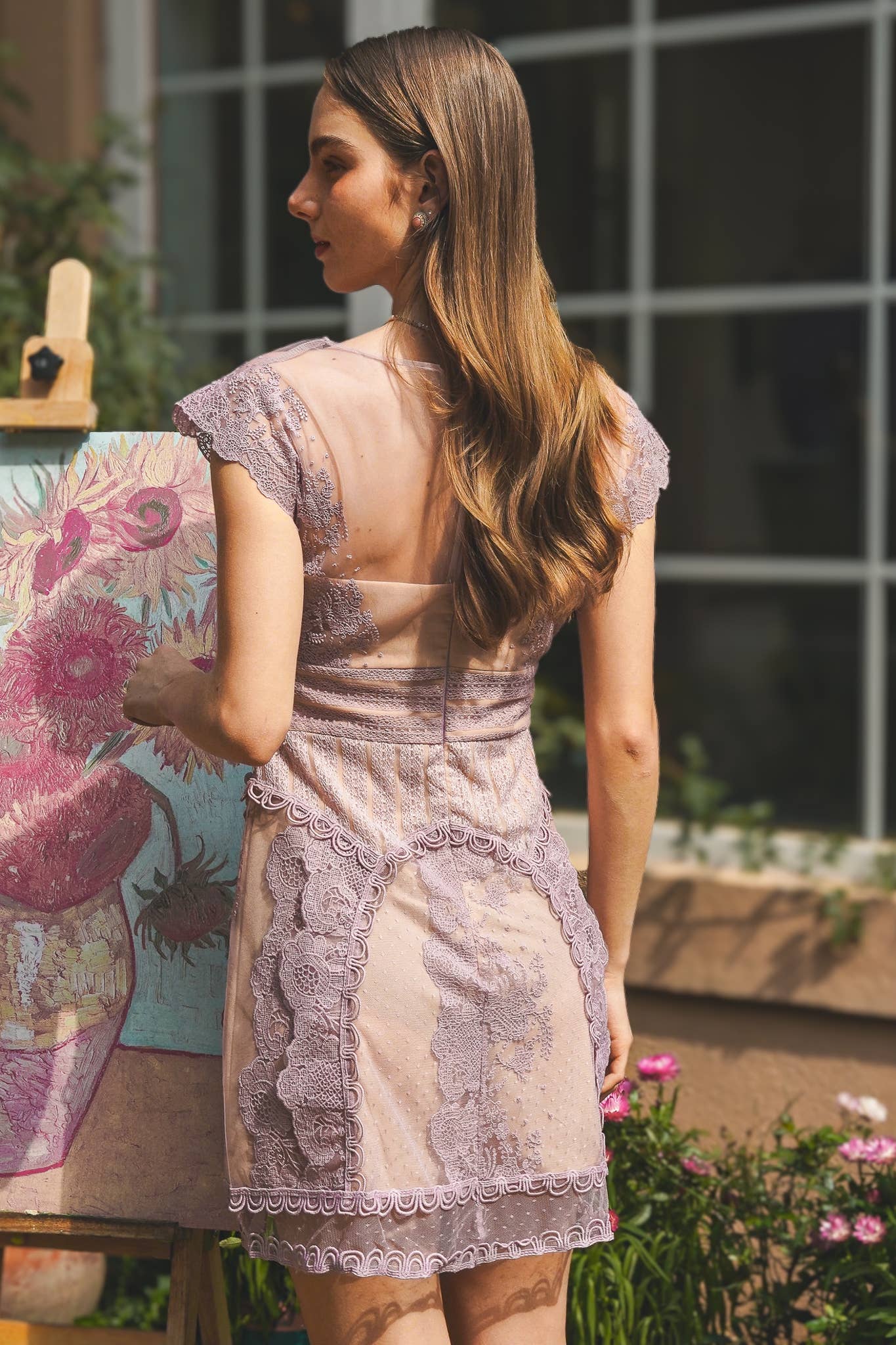 Lavender Lace Illusion Dress with Piping Detail