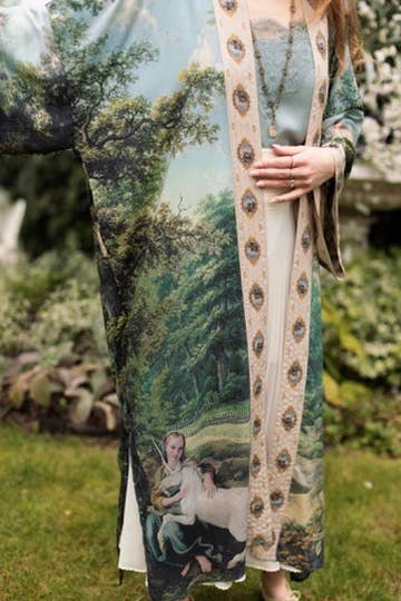 The Mythmaker Opera Duster Kimono Robe w Landscape & Unicorn - Out of the Blue