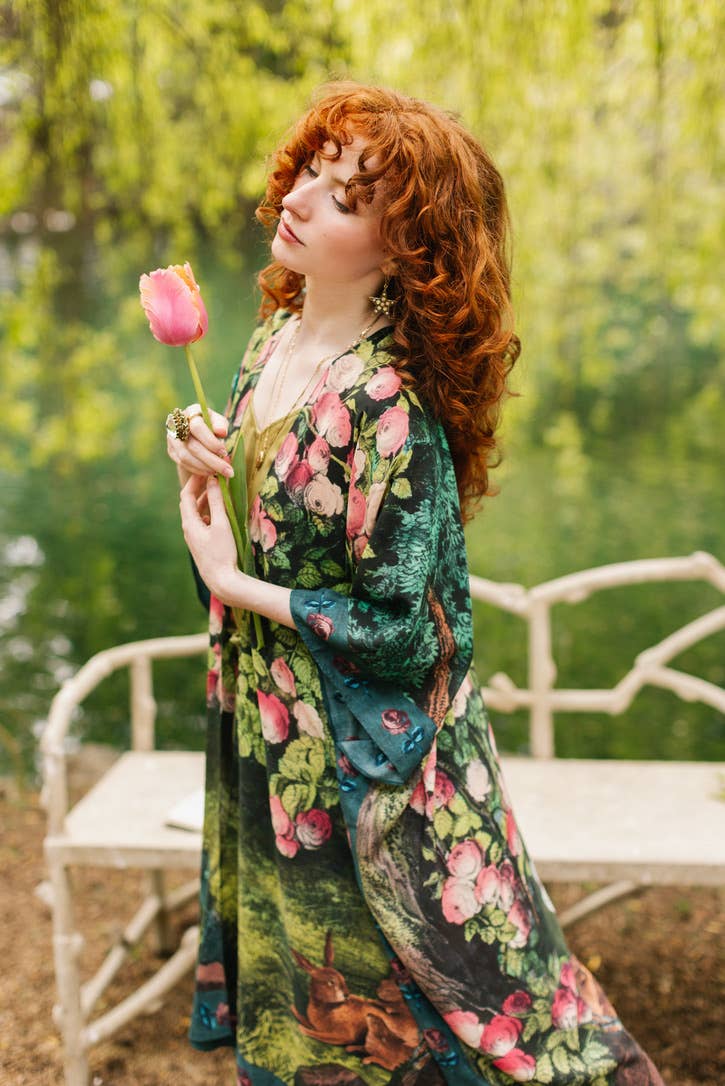 The Daydreamer Goddess Duster Kimono w/ Florals & Rabbits - Out of the Blue