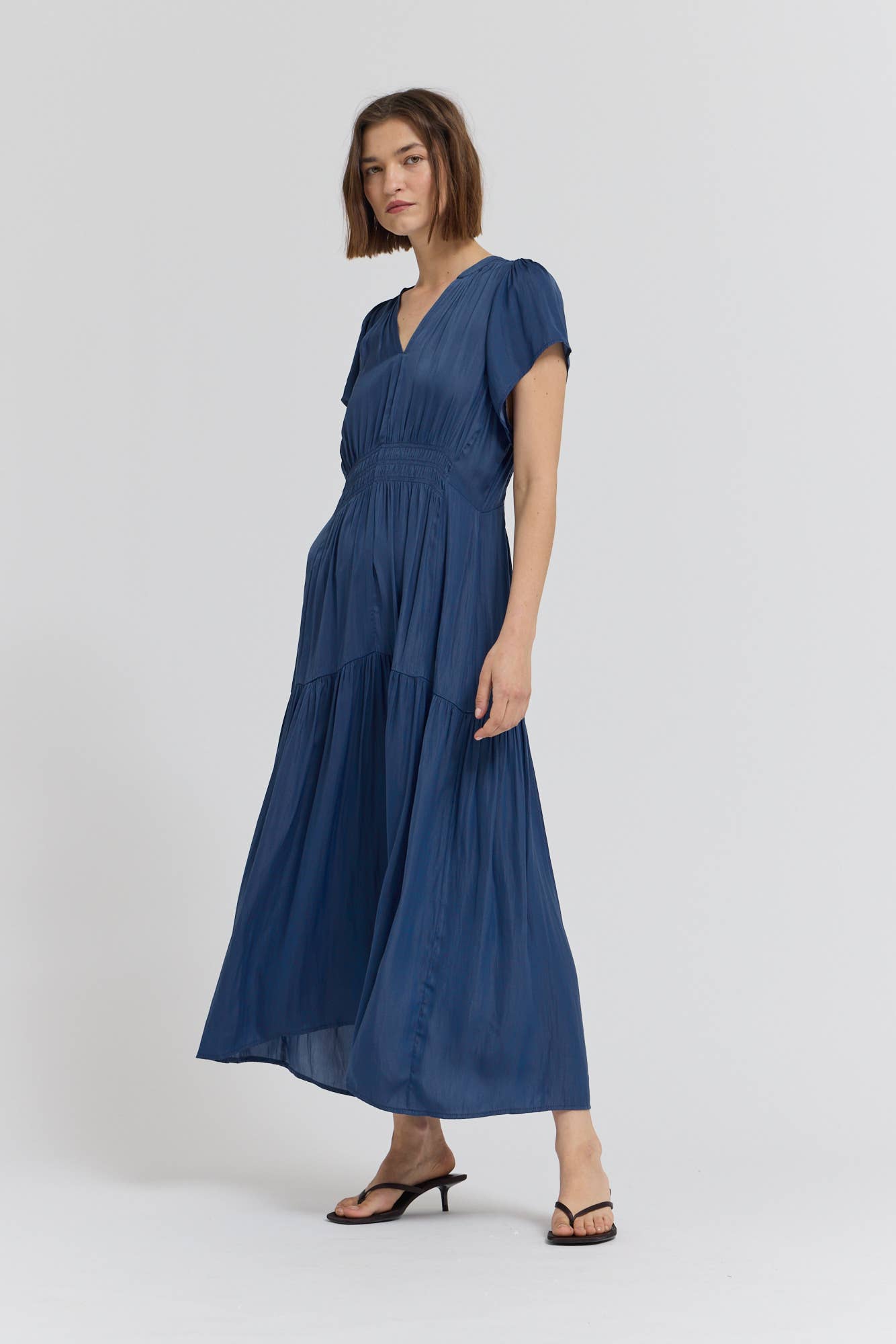 RUFFLE SATIN MIDI DRESS - Out of the Blue