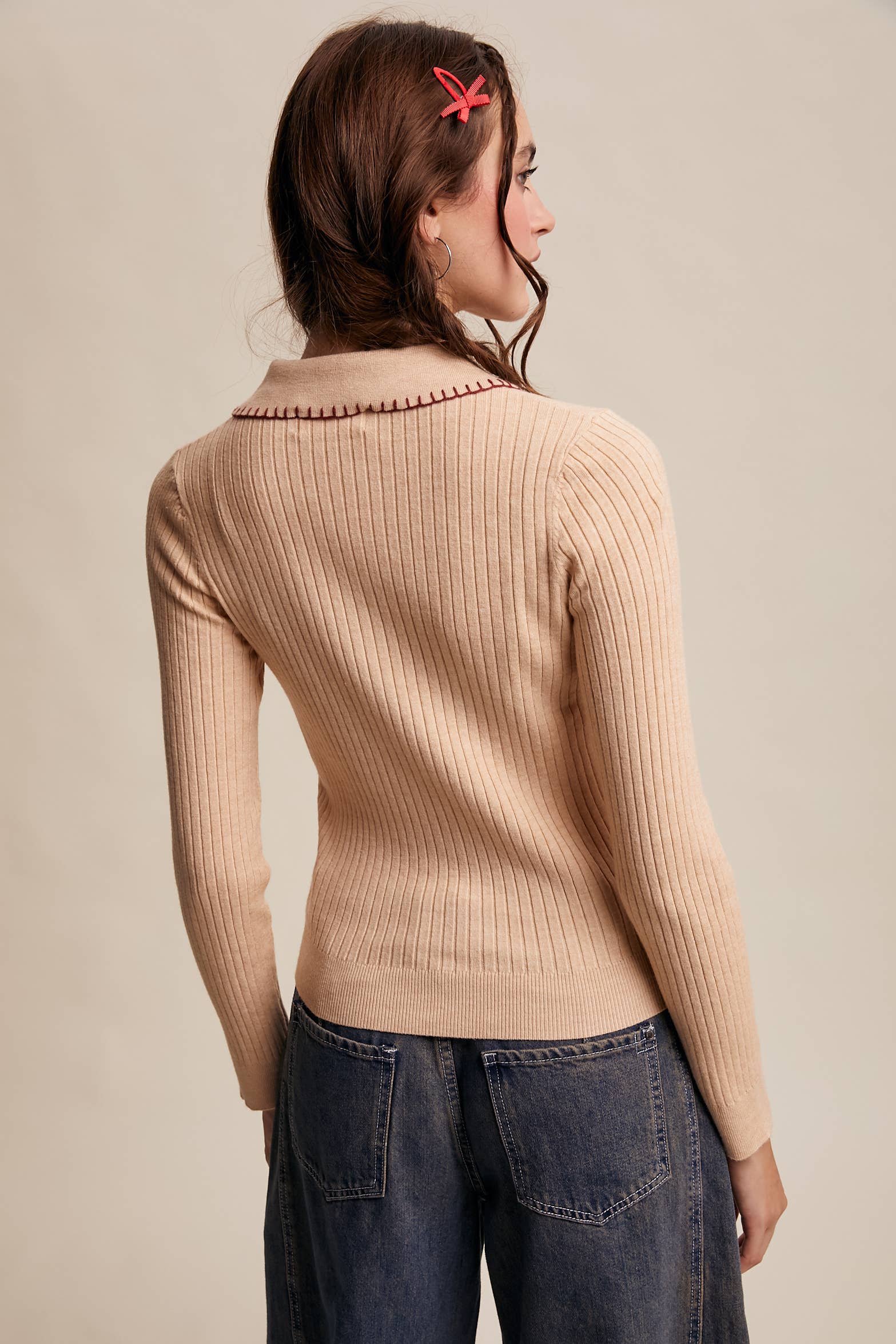Contrast Stitch Ribbed Knit Top - Out of the Blue