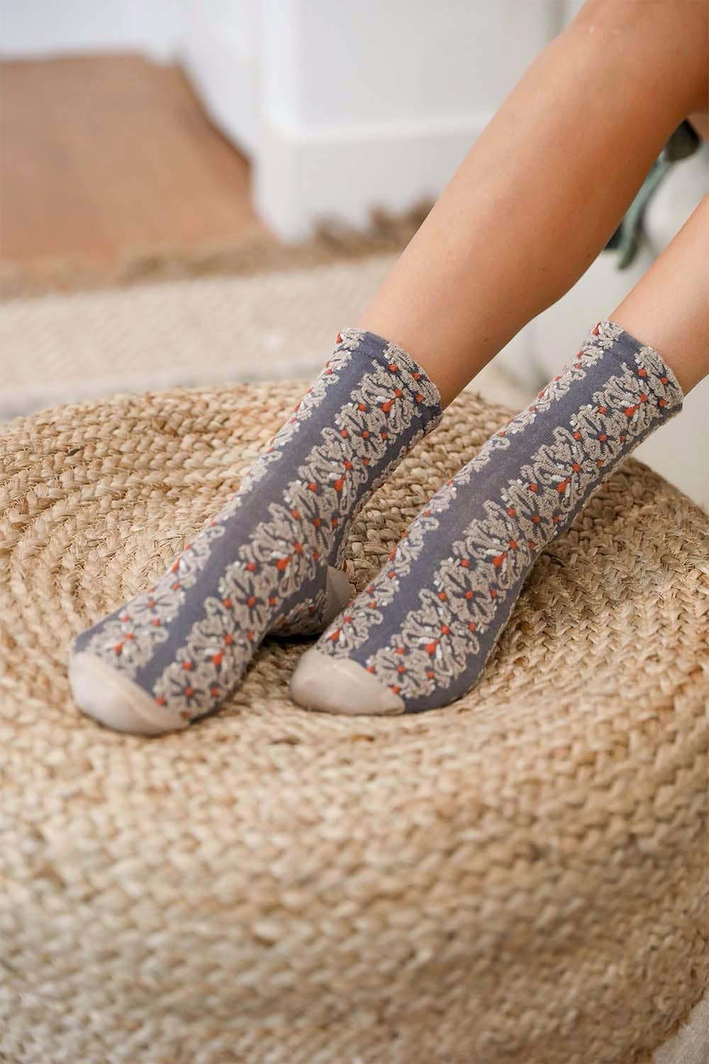 Embroidered Flower Pattern Socks: Beige - Out of the Blue