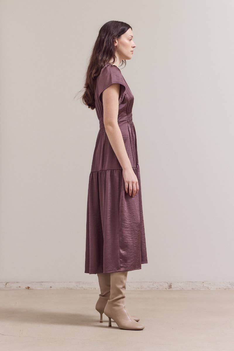 RUFFLE MATTE SATIN MIDI DRESS