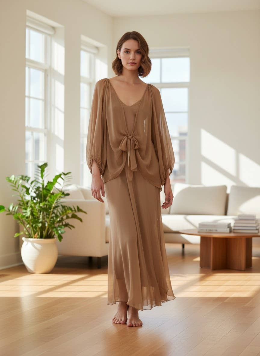 Short flowing silk tie-front jacket 13429 - Out of the Blue