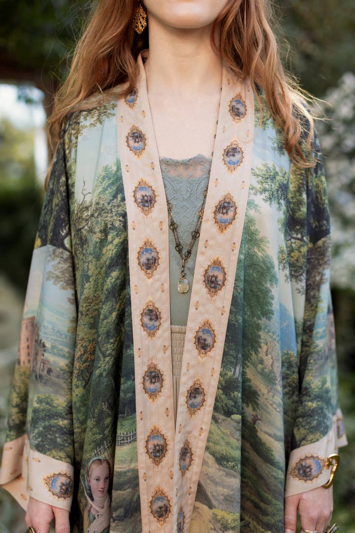 The Mythmaker Matinée Duster Kimono w/ landscape & unicorn - Out of the Blue