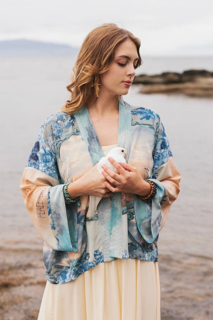 Peace Out Cropped Kimono Pixie Duster with Doves and Sunrise - Out of the Blue