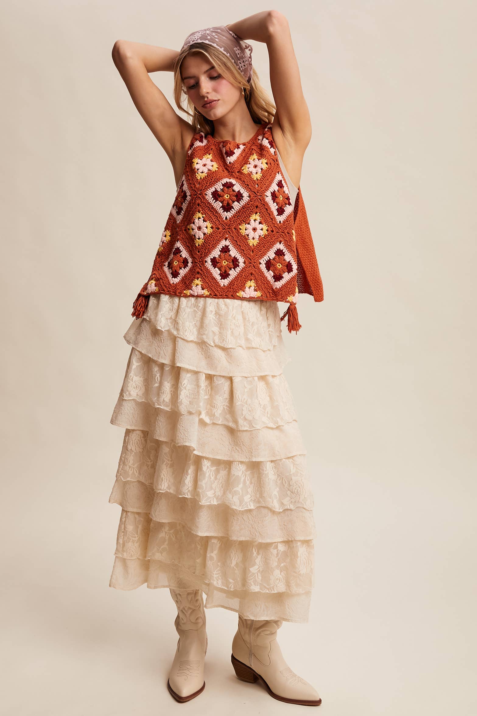 Crochet Granny Square Tassel Tie Vest LSW1006 - Out of the Blue