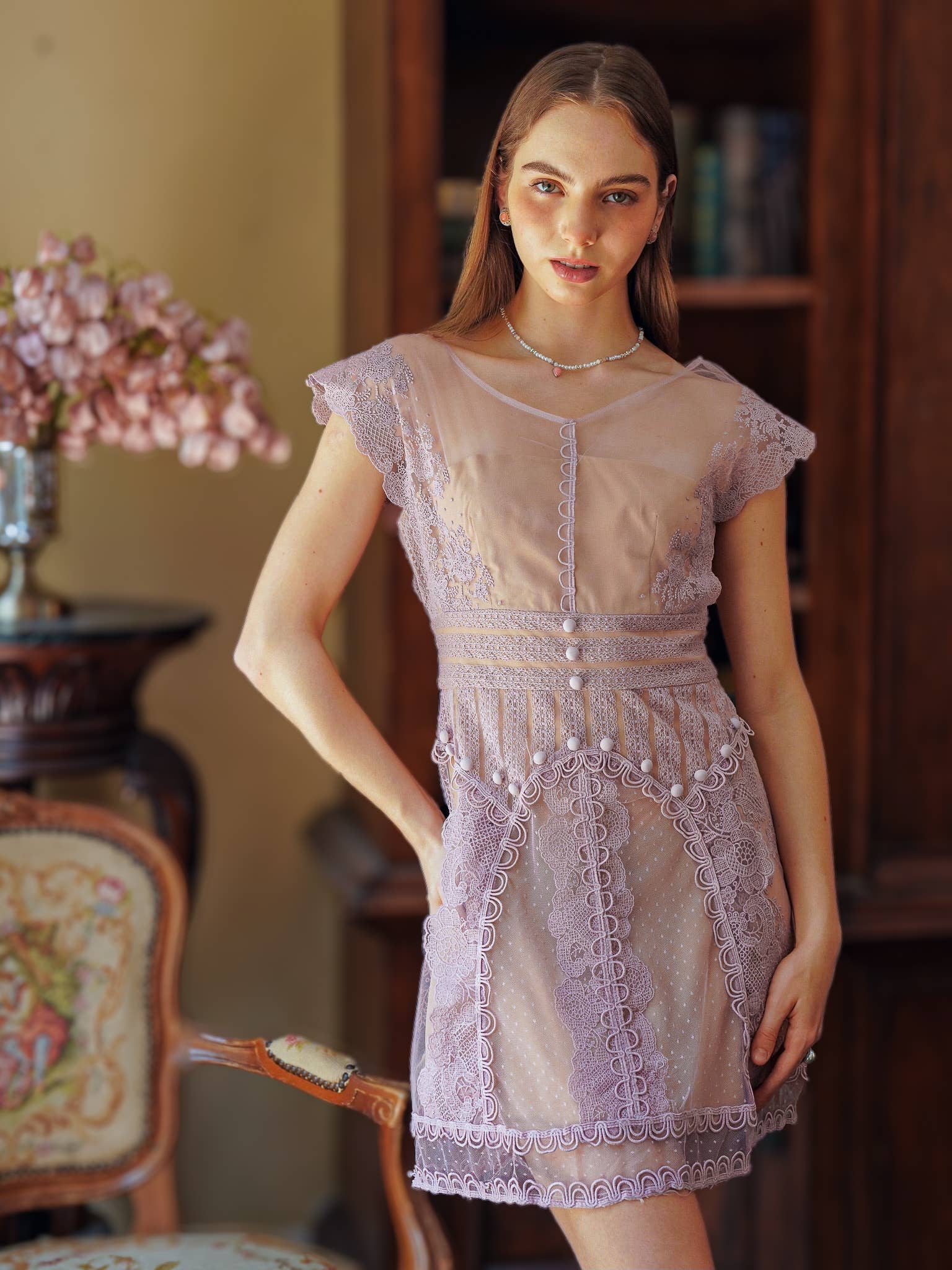 Lavender Lace Illusion Dress with Piping Detail