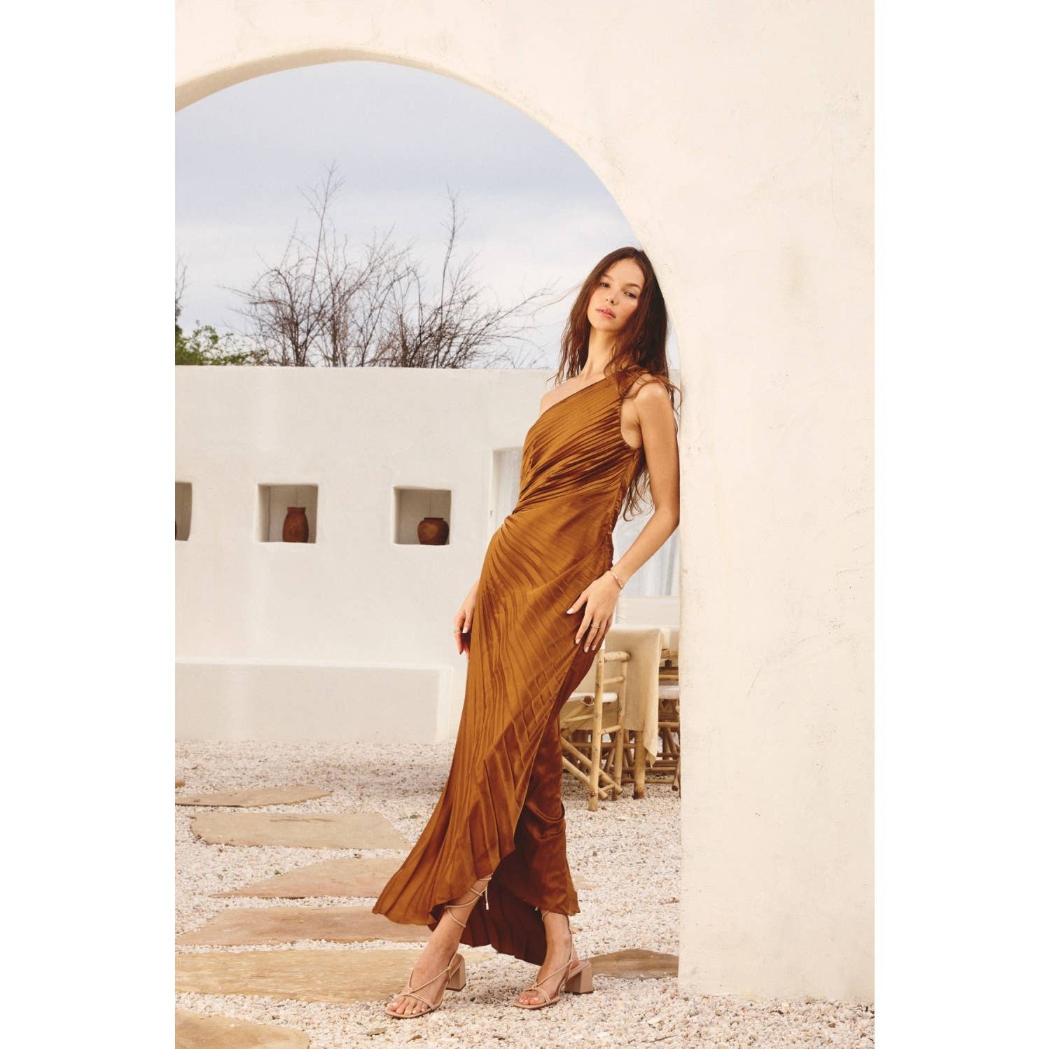 Olympia Asymmetrical Pleated Maxi Dress - Out of the Blue