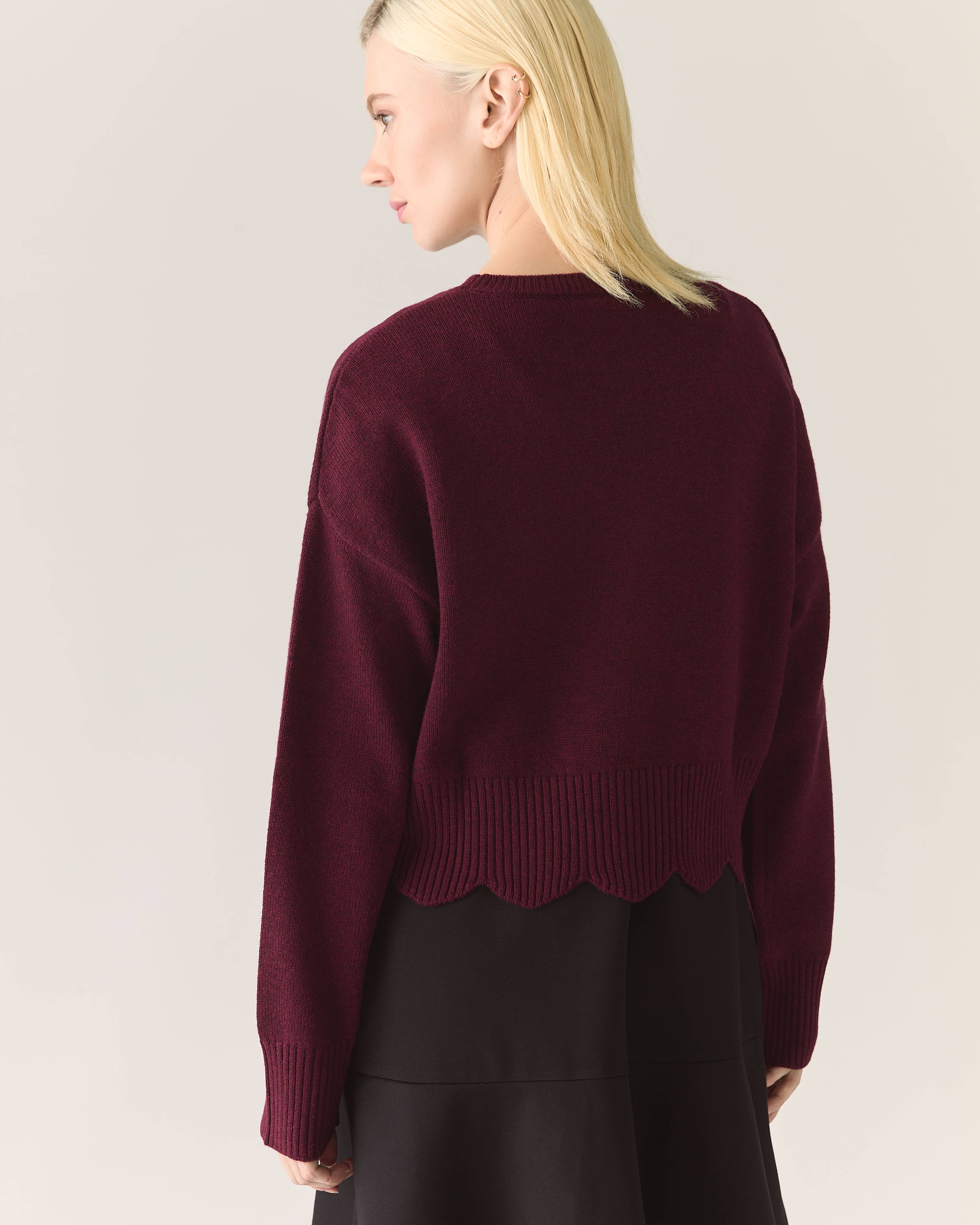 Scalloped Edge Pullover Responsible Merino in Zinfandel - Out of the Blue