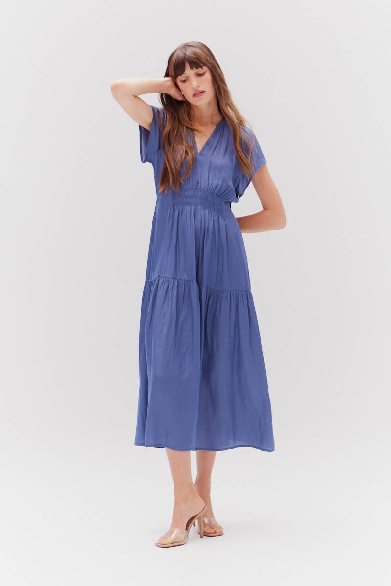 RUFFLE SATIN MIDI DRESS - Out of the Blue