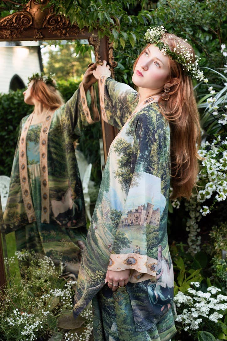 The Mythmaker Matinée Duster Kimono w/ landscape & unicorn - Out of the Blue