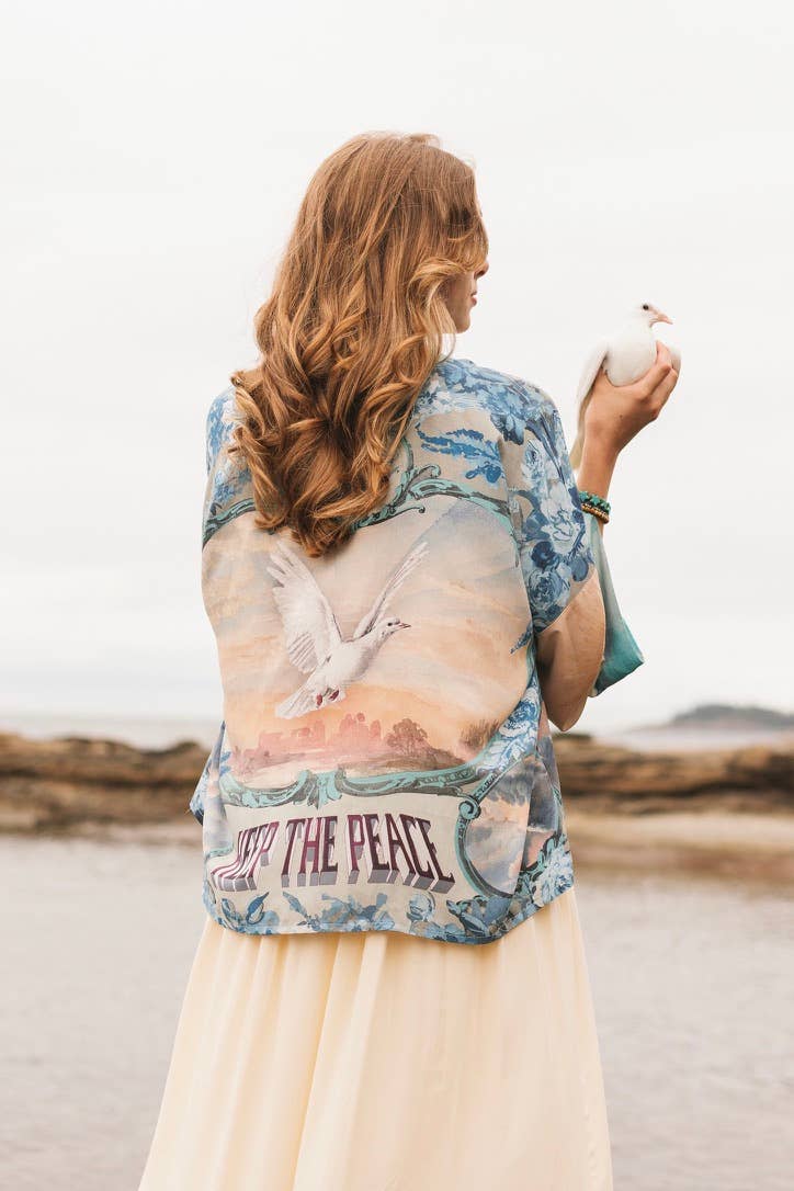 Peace Out Cropped Kimono Pixie Duster with Doves and Sunrise - Out of the Blue