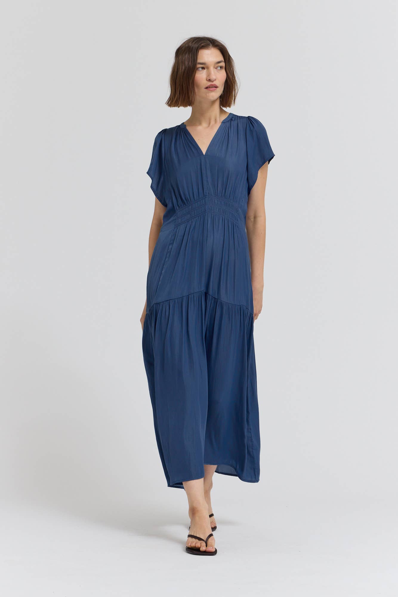 RUFFLE SATIN MIDI DRESS - Out of the Blue