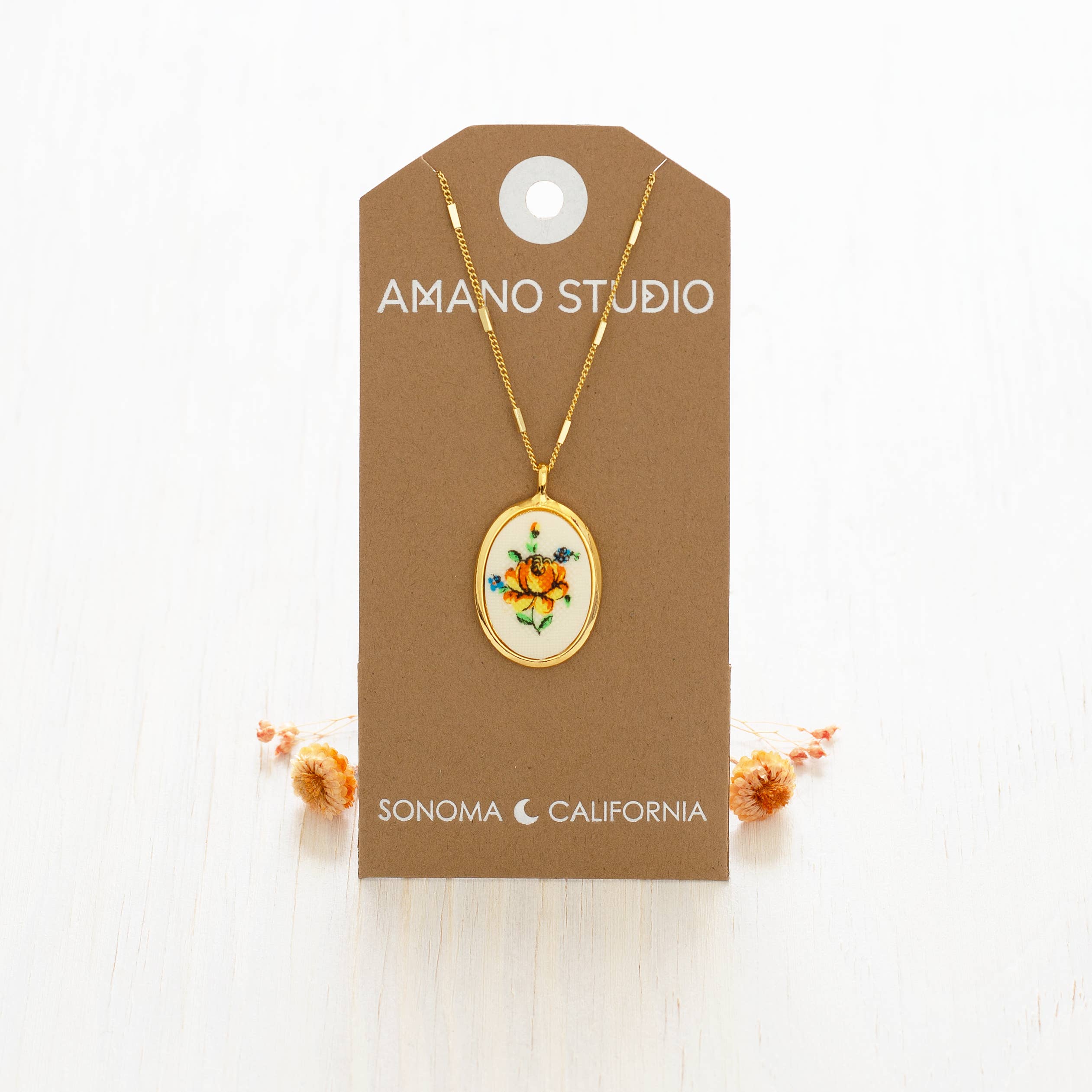 Needlepoint Flower Vintage Cameo Necklace - Out of the Blue