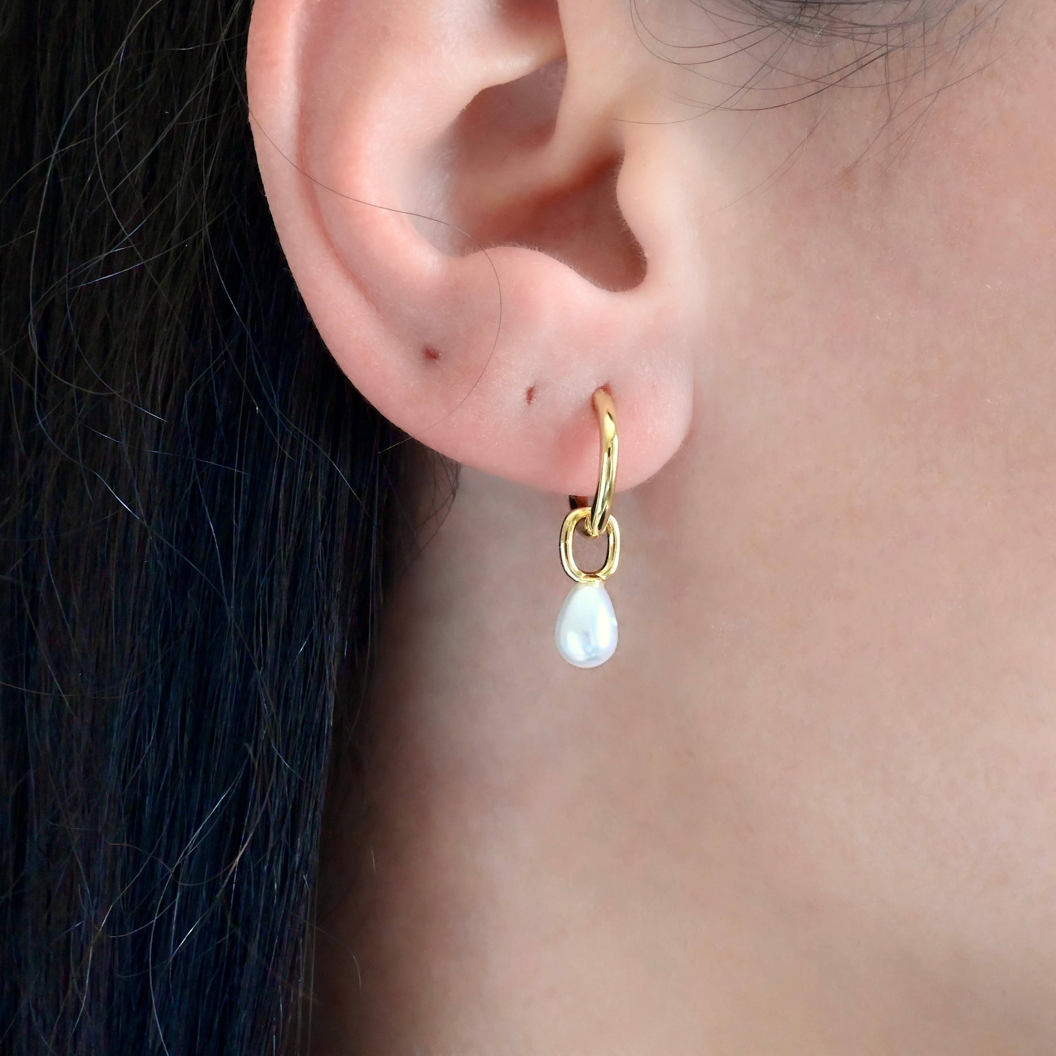 Dainty Pearl Drop Charm Hoop Earrings - Out of the Blue