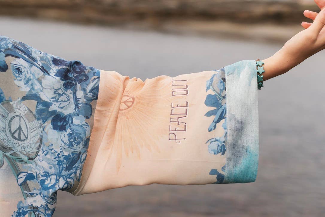 Peace Out Cropped Kimono Pixie Duster with Doves and Sunrise - Out of the Blue