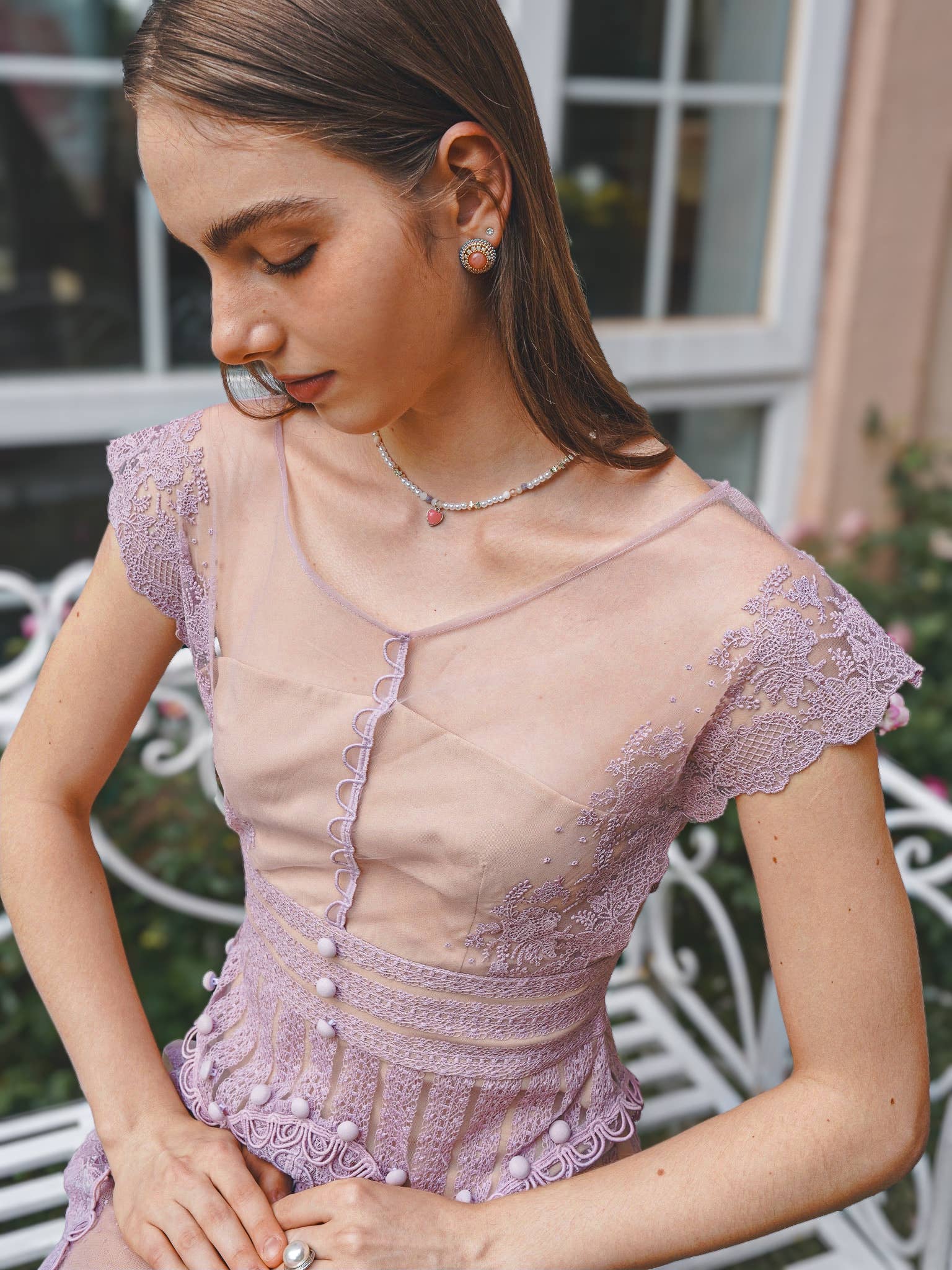 Lavender Lace Illusion Dress with Piping Detail