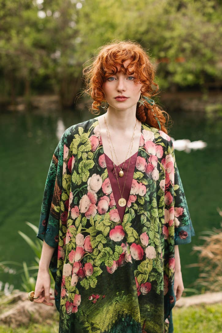 The Daydreamer Goddess Duster Kimono w/ Florals & Rabbits - Out of the Blue